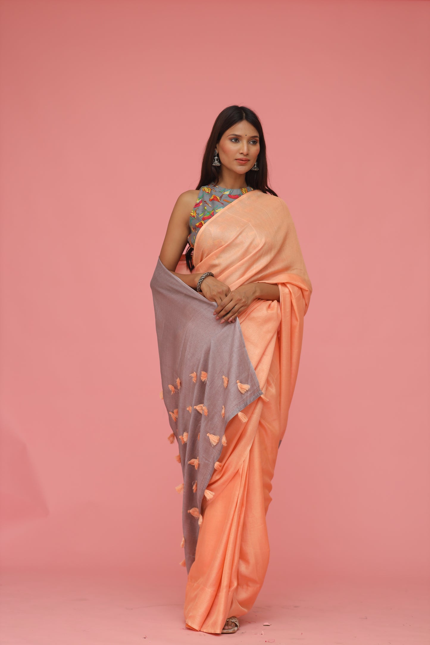 Pre-Stitched Saree with Padded Halter Neck Blouse