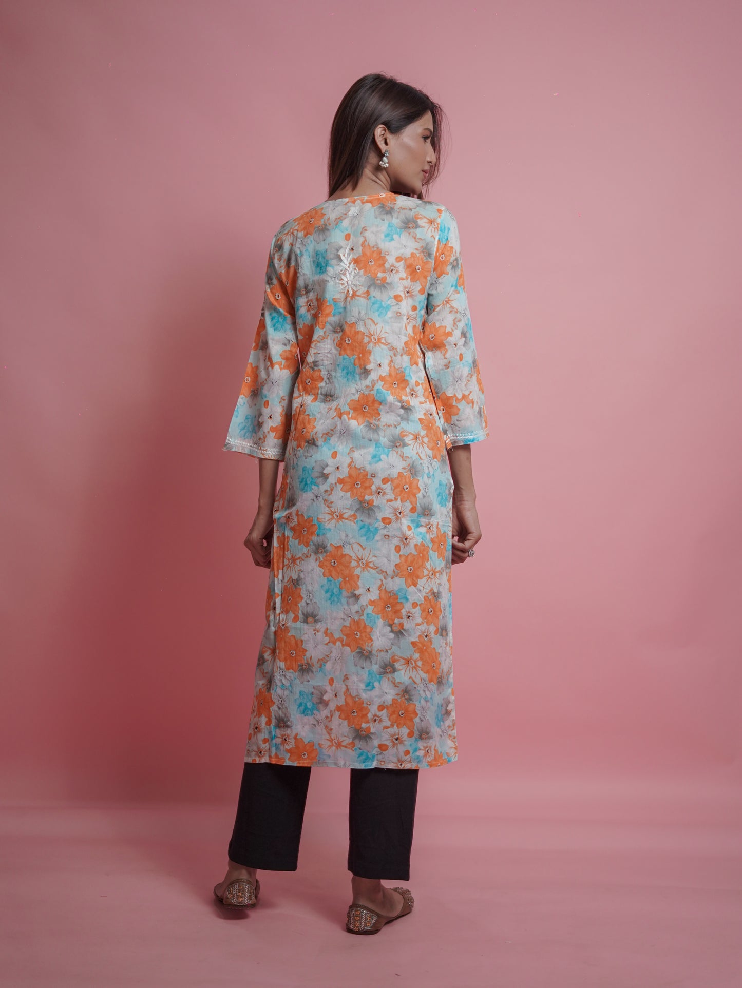 Floral Print Kurti - embroidered neckline