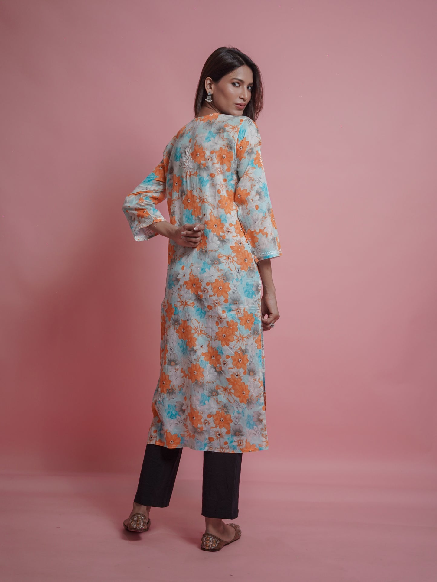 Floral Print Kurti - embroidered neckline