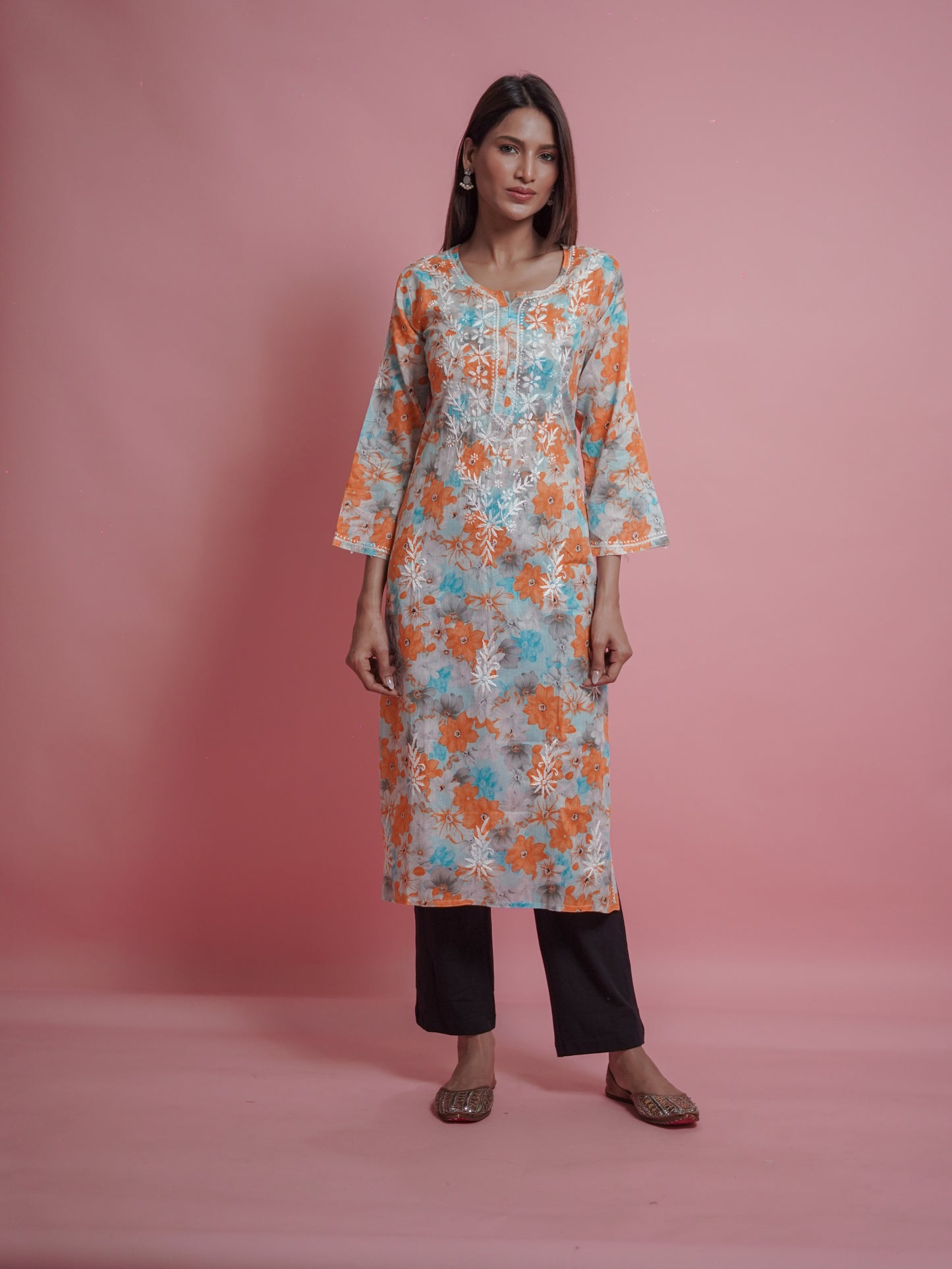 Floral Print Kurti - embroidered neckline