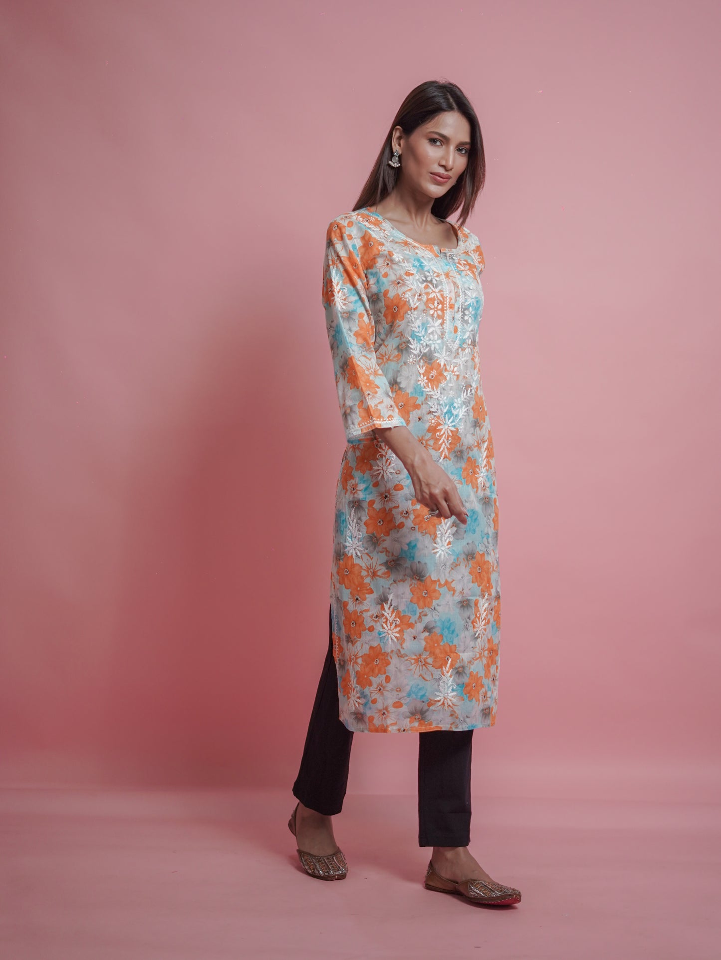 Floral Print Kurti - embroidered neckline