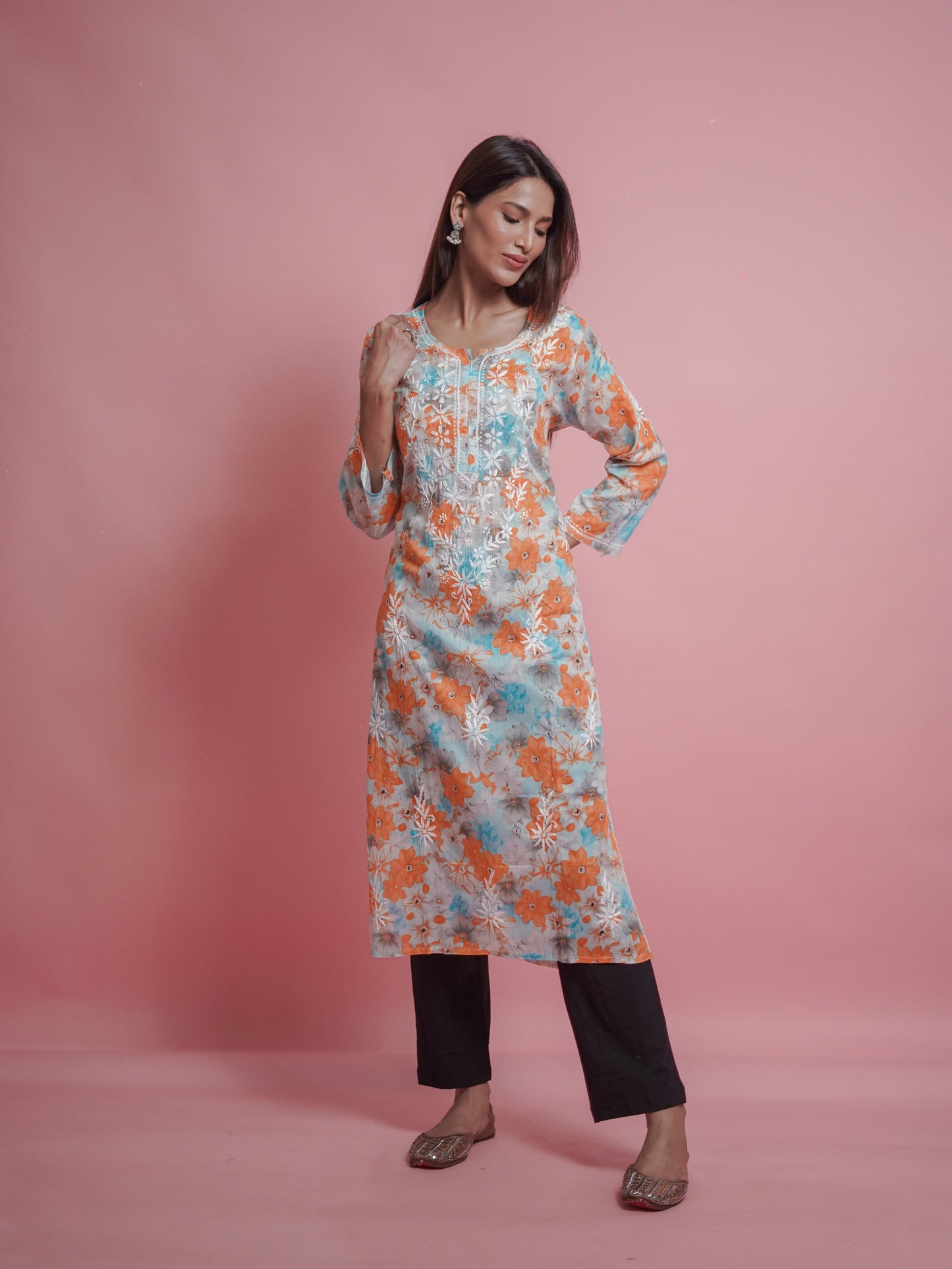 Floral Print Kurti - embroidered neckline