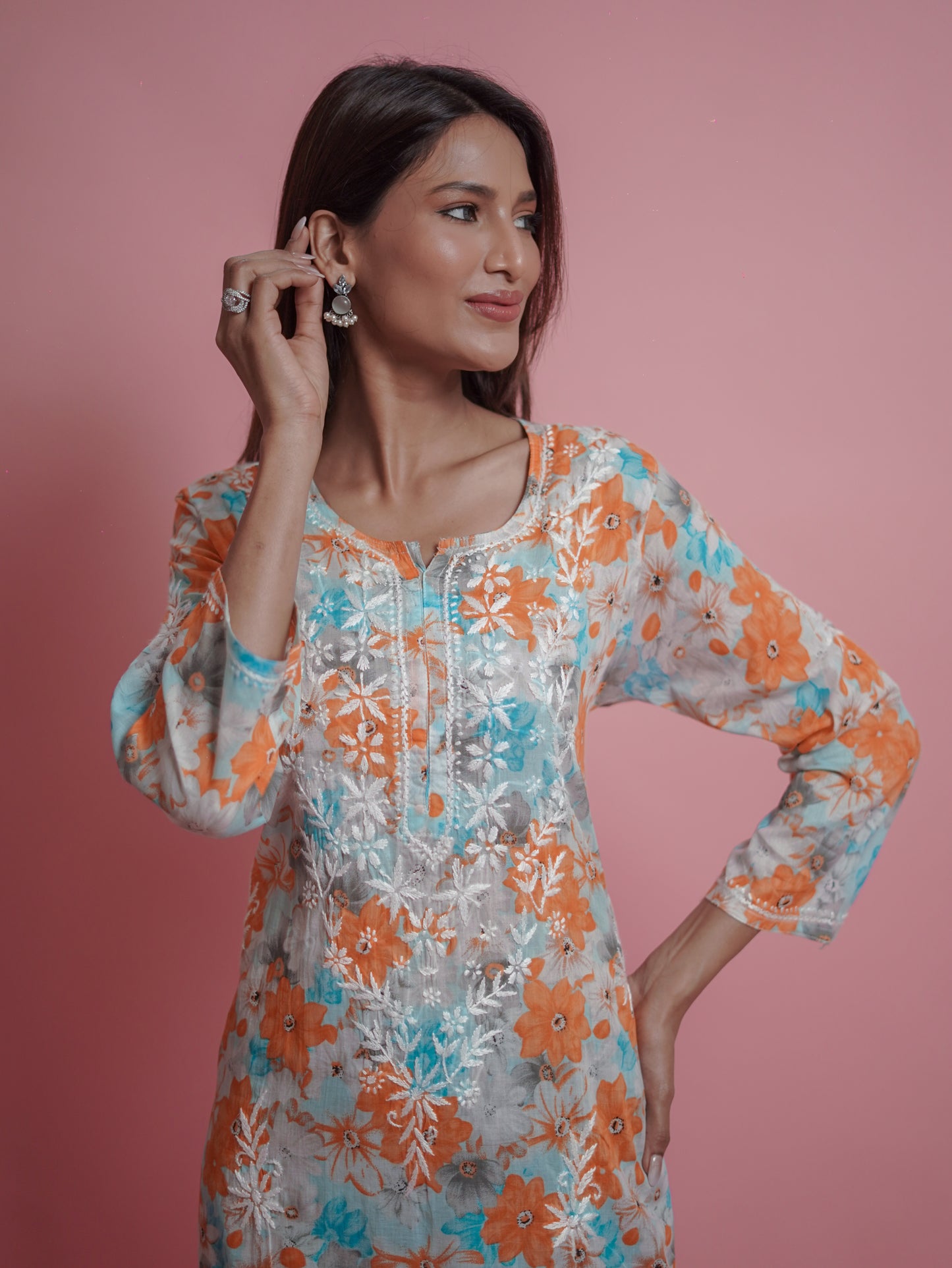 Floral Print Kurti - embroidered neckline