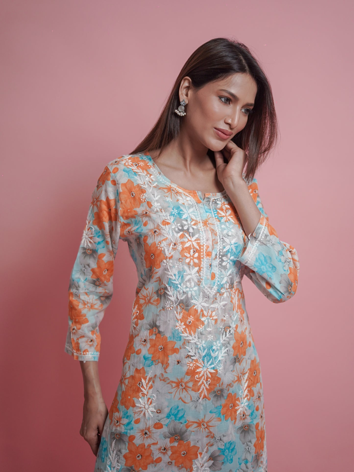 Floral Print Kurti - embroidered neckline