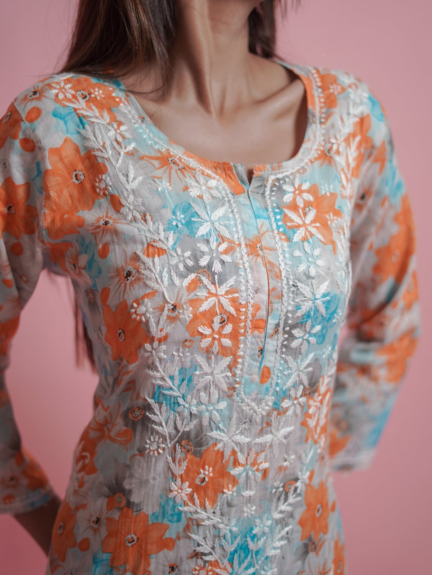 Floral Print Kurti - embroidered neckline
