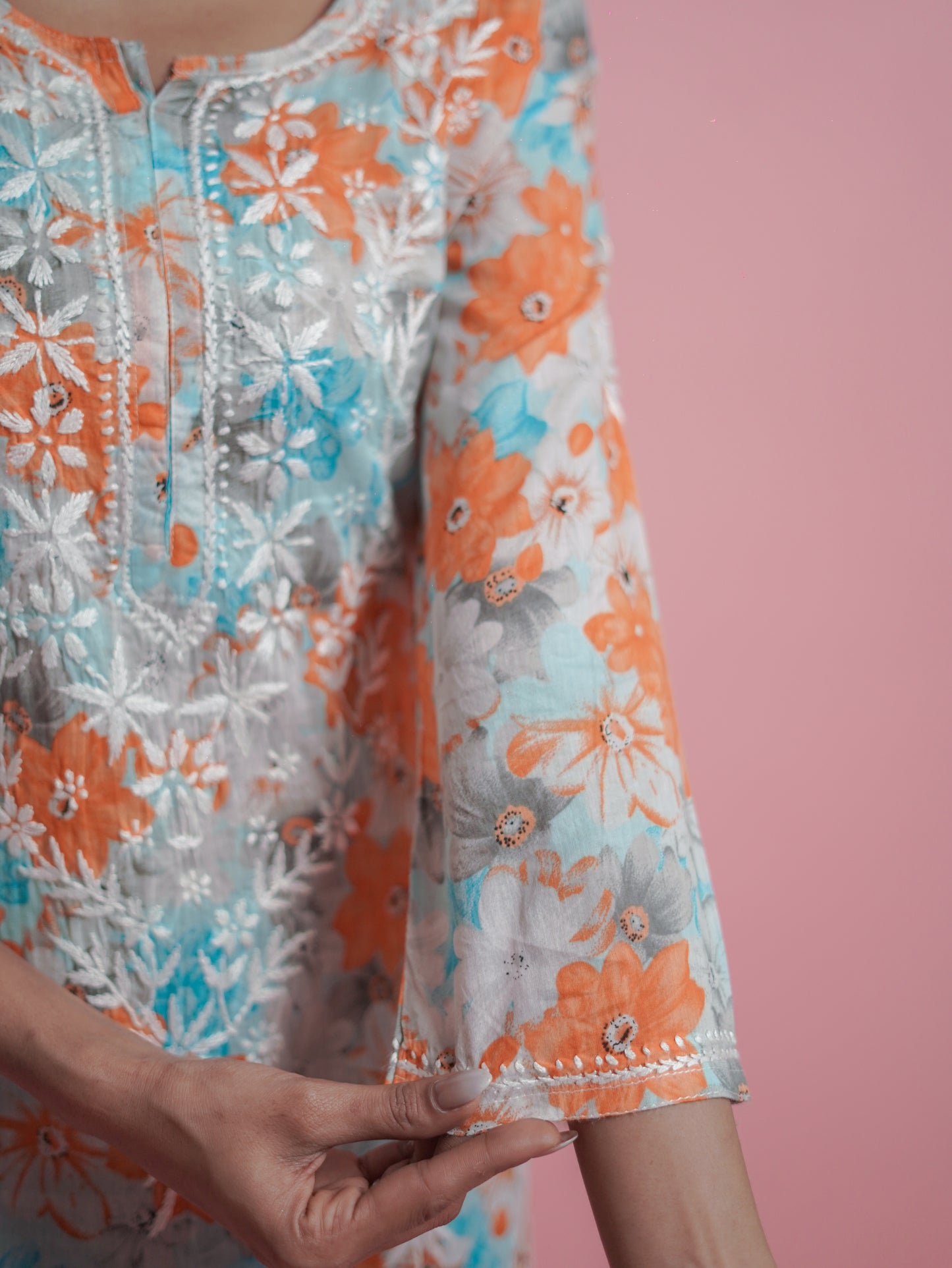 Floral Print Kurti - embroidered neckline