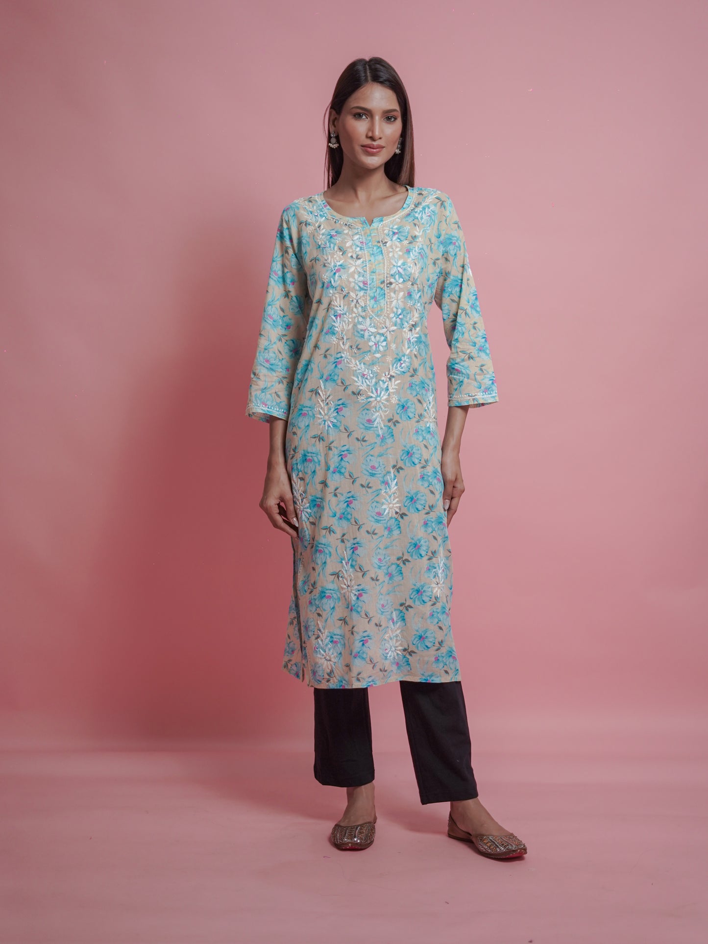 Floral Print Kurti - embroidered neckline