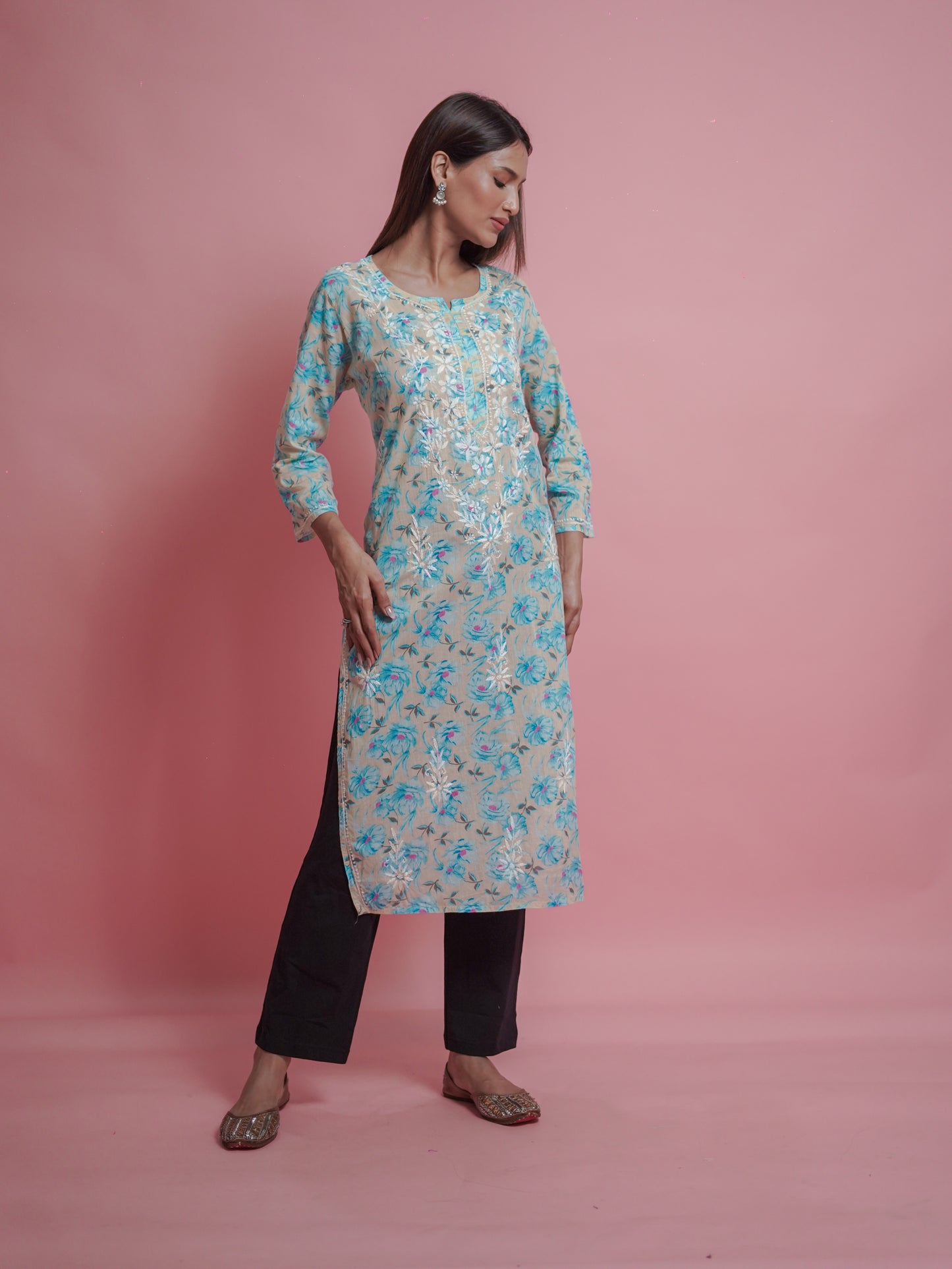 Floral Print Kurti - embroidered neckline