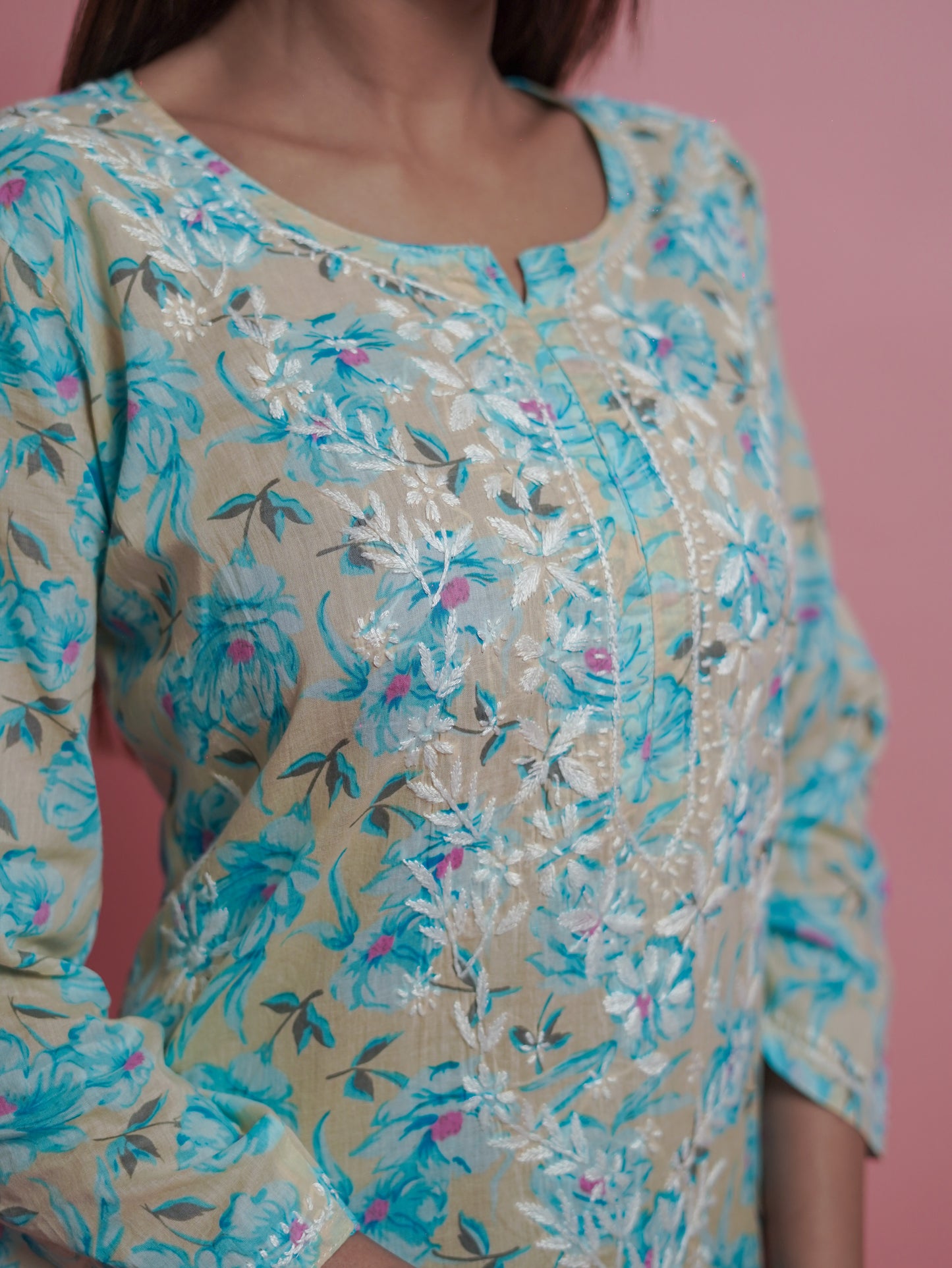 Floral Print Kurti - embroidered neckline