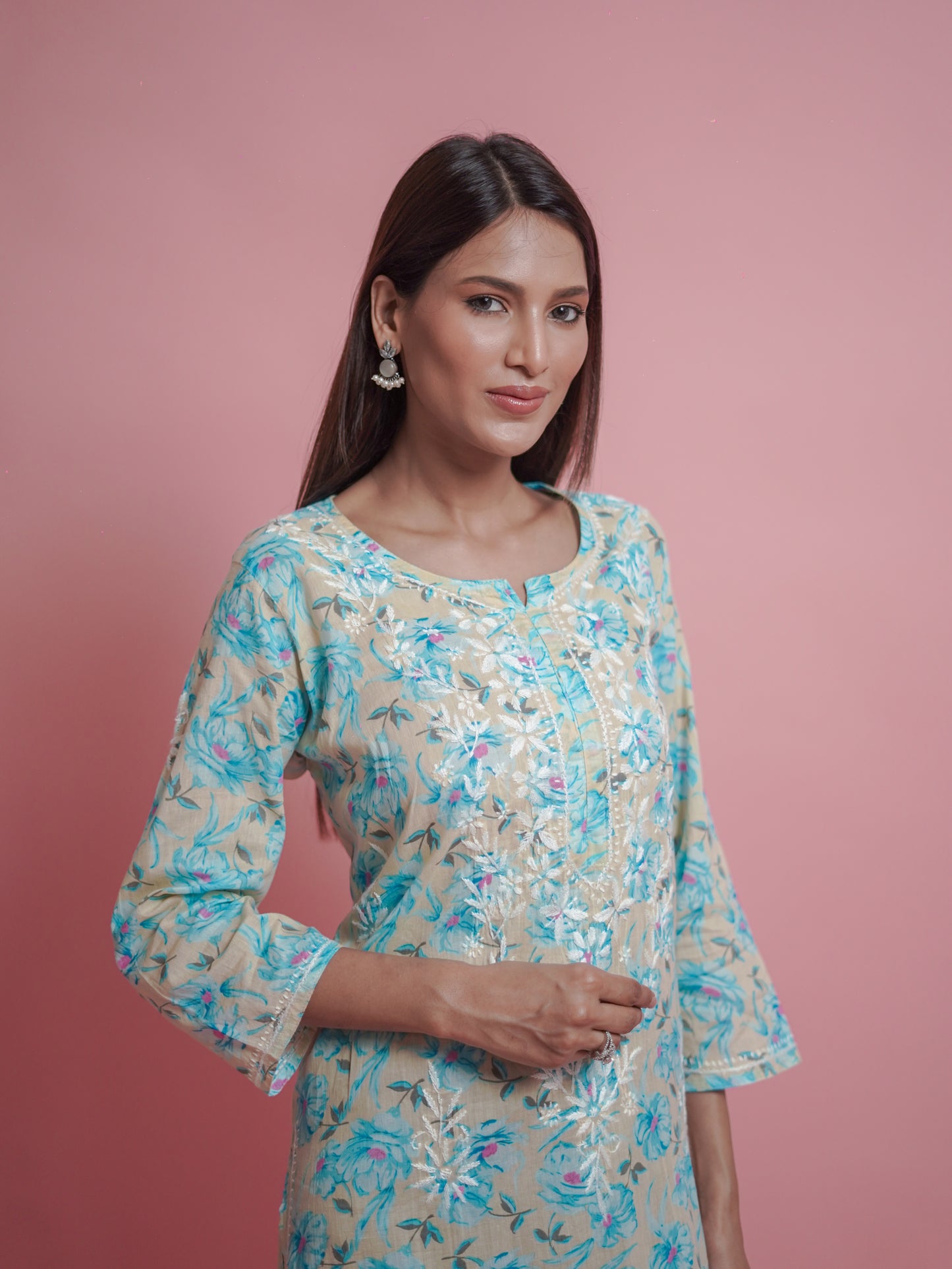Floral Print Kurti - embroidered neckline