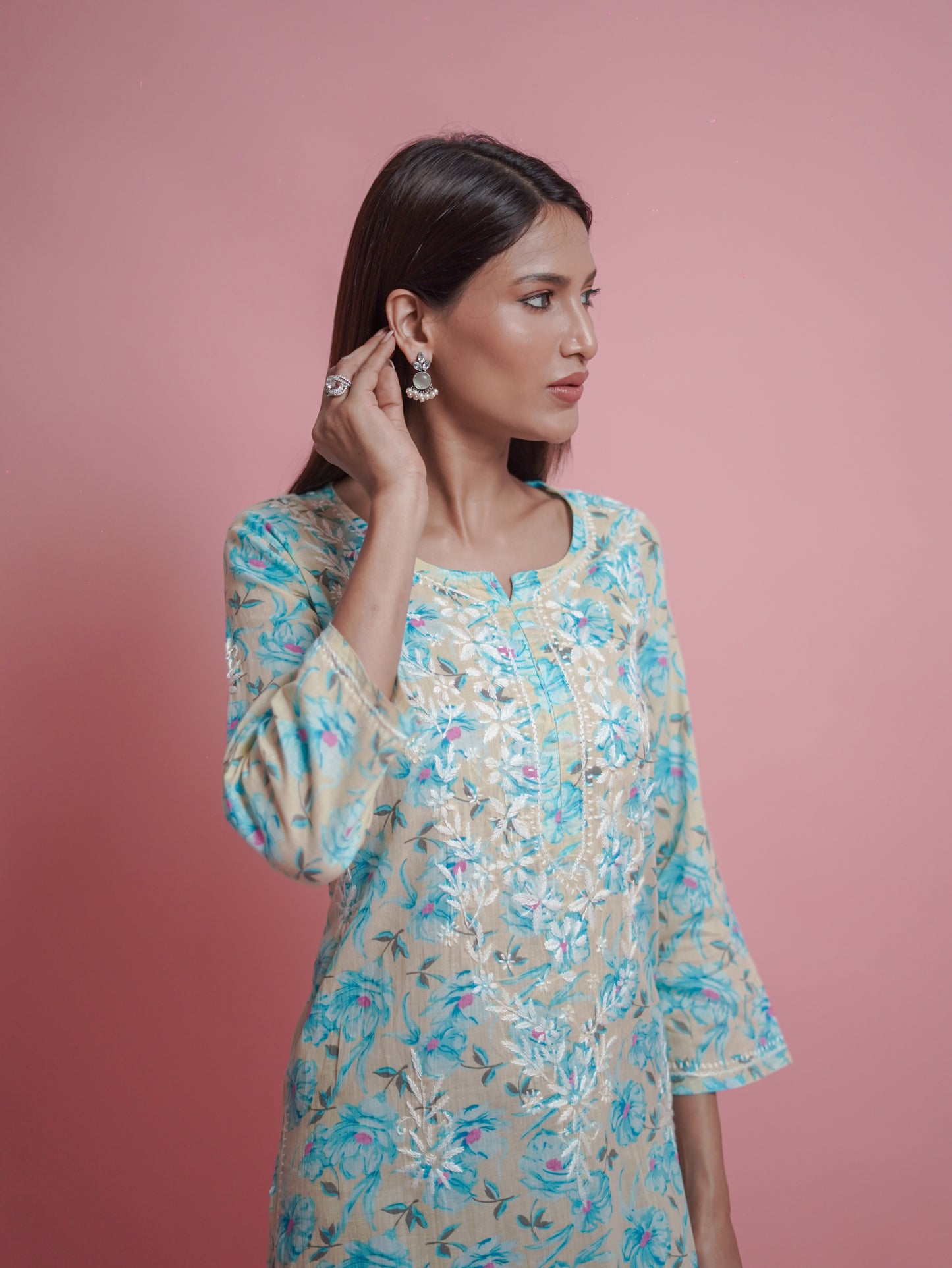 Floral Print Kurti - embroidered neckline