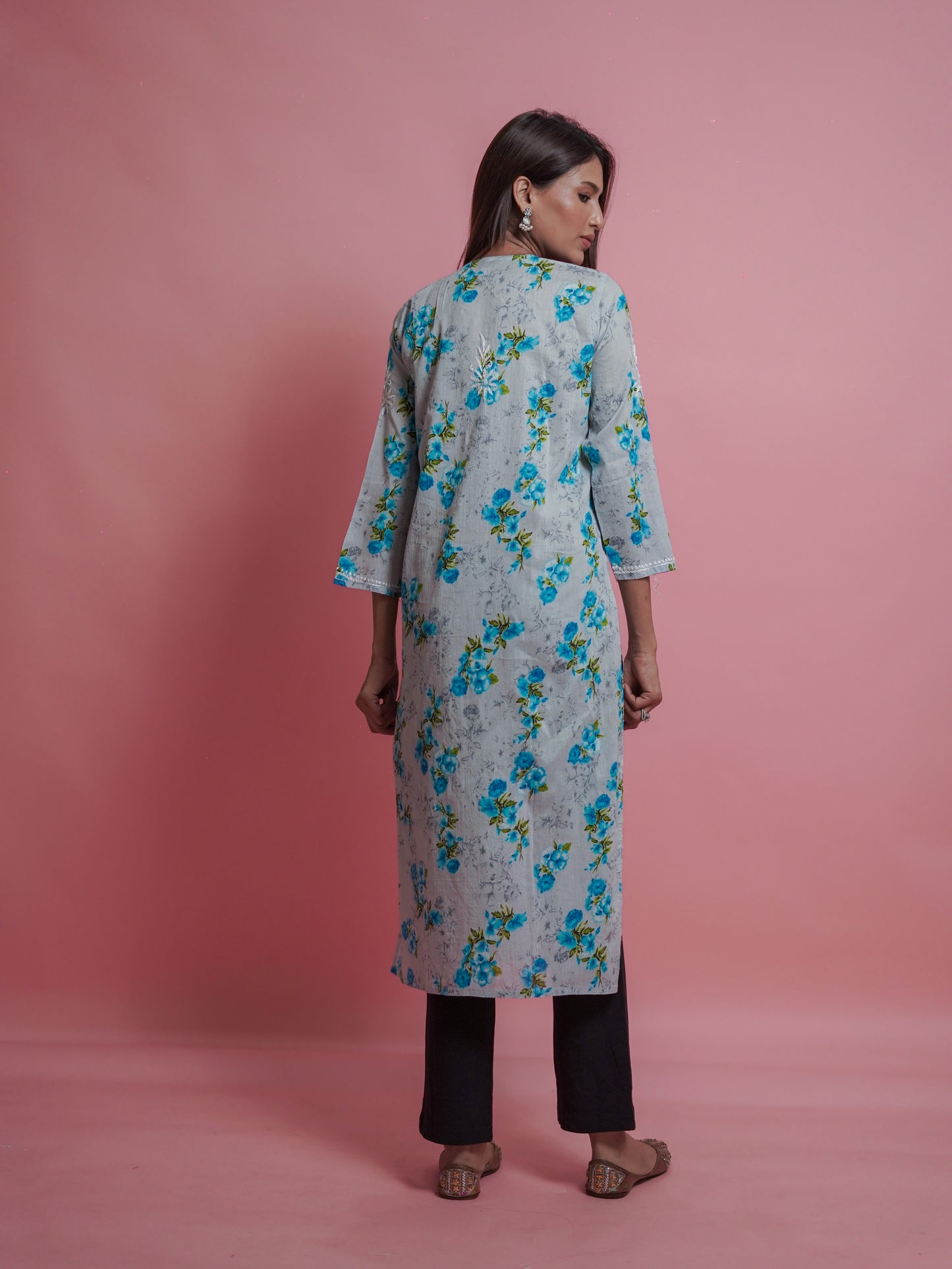 Floral Print Kurti - embroidered neckline