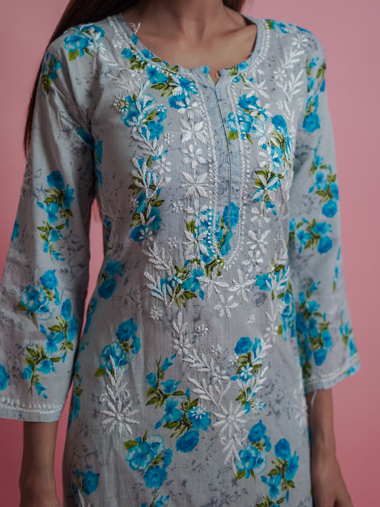 Floral Print Kurti - embroidered neckline
