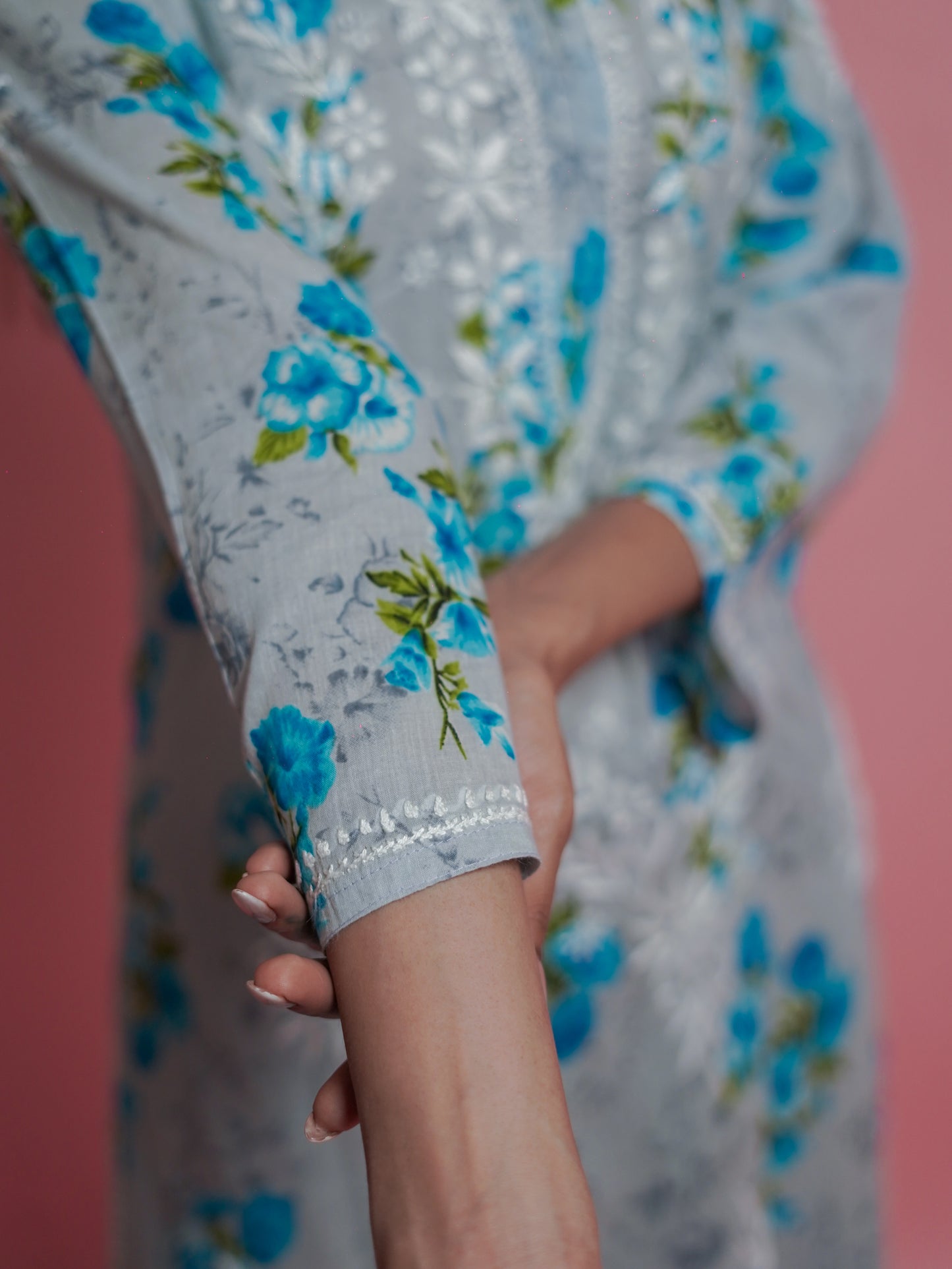 Floral Print Kurti - embroidered neckline