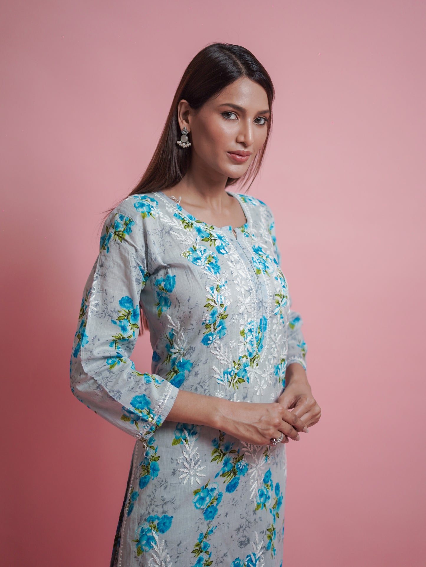 Floral Print Kurti - embroidered neckline