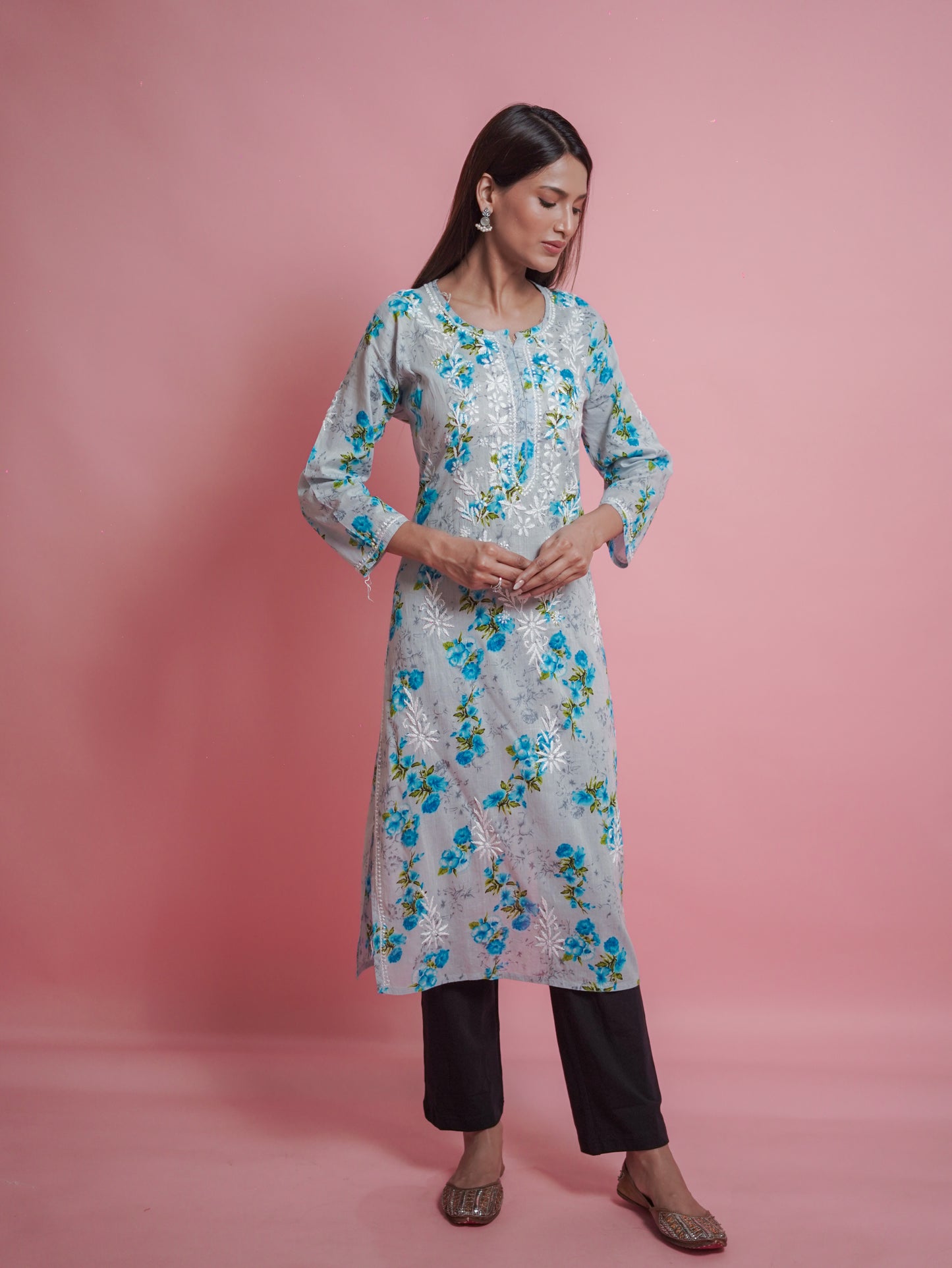Floral Print Kurti - embroidered neckline