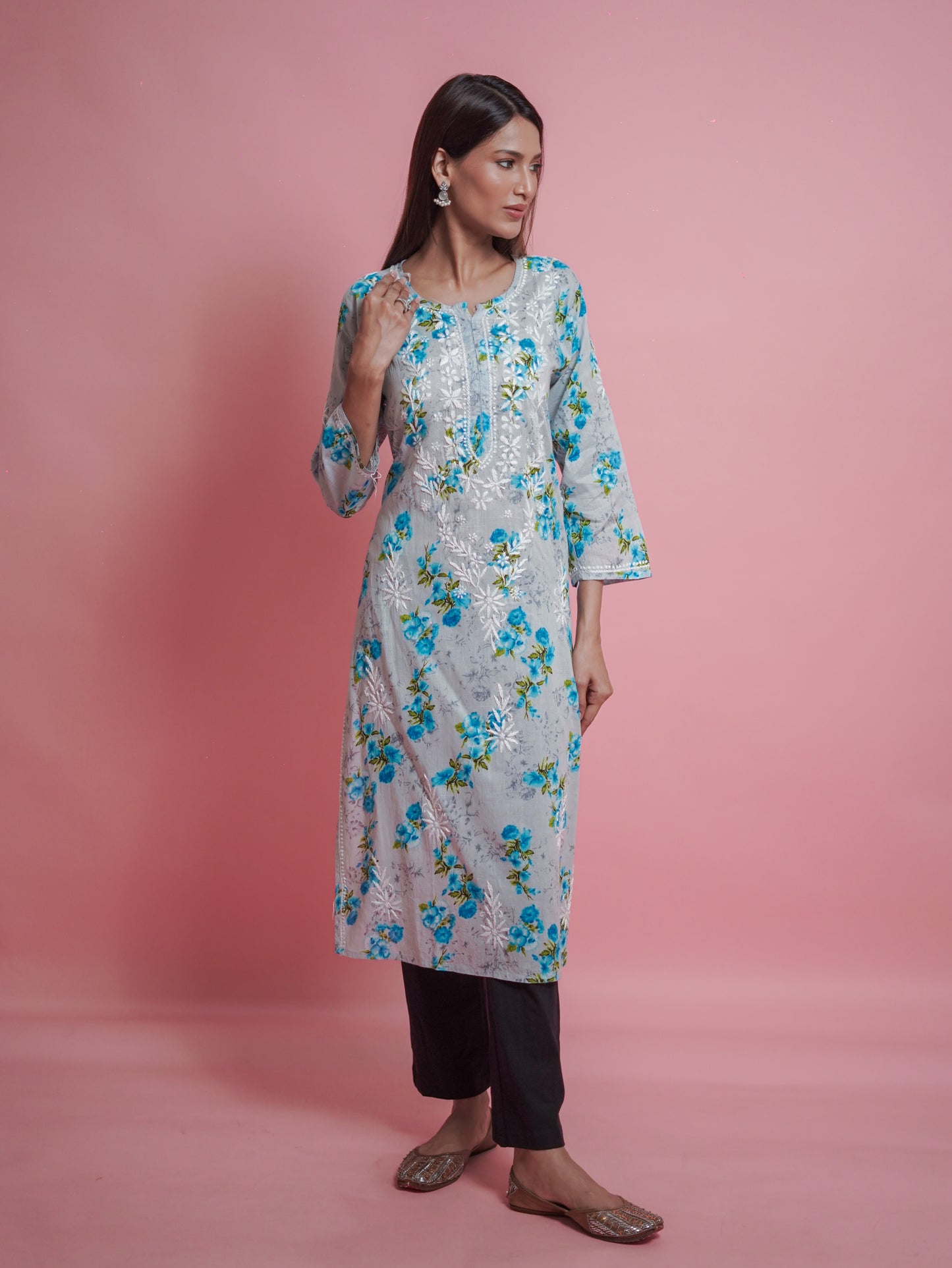 Floral Print Kurti - embroidered neckline