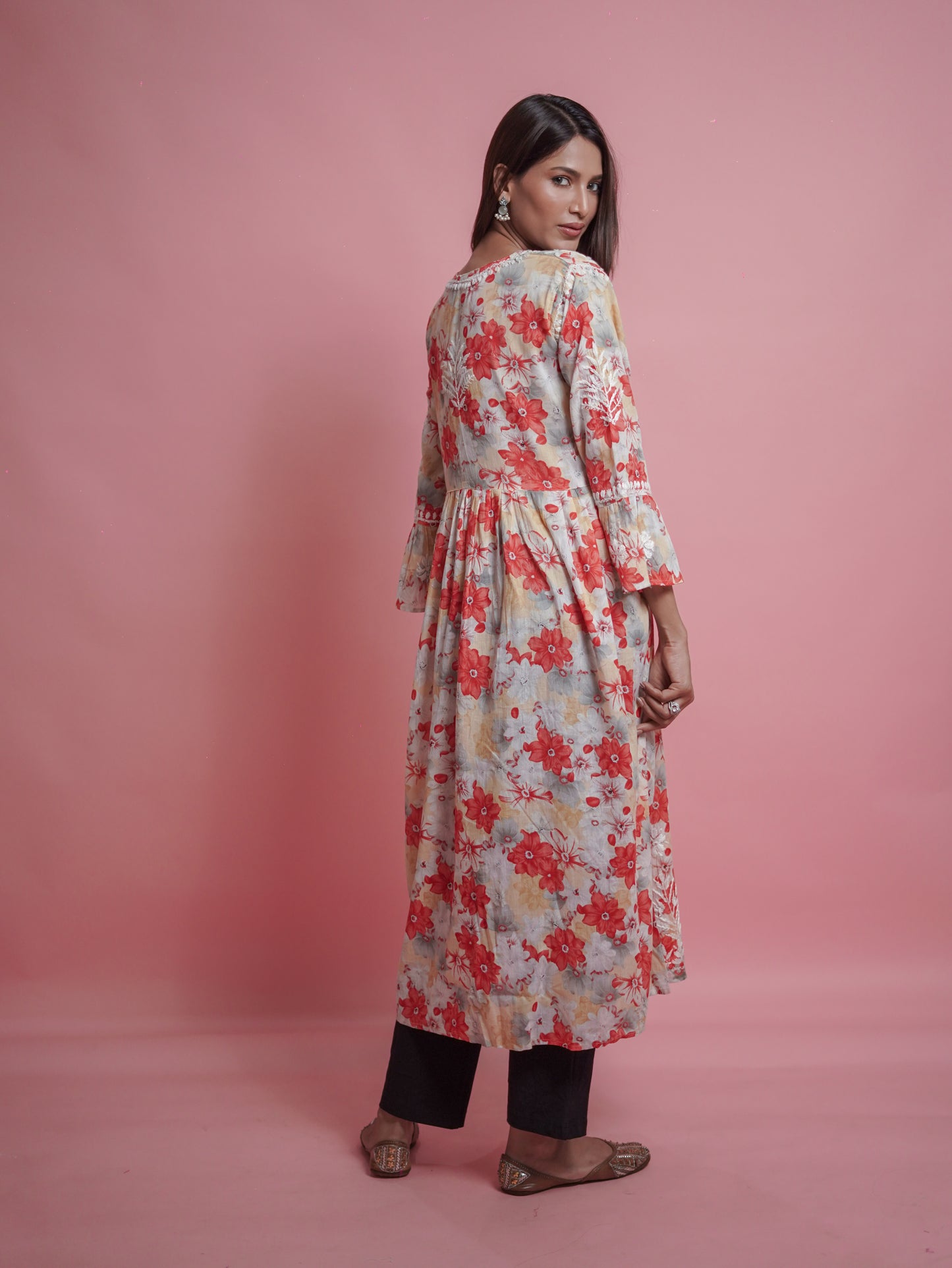 Floral Print Kurti - Soft Orange