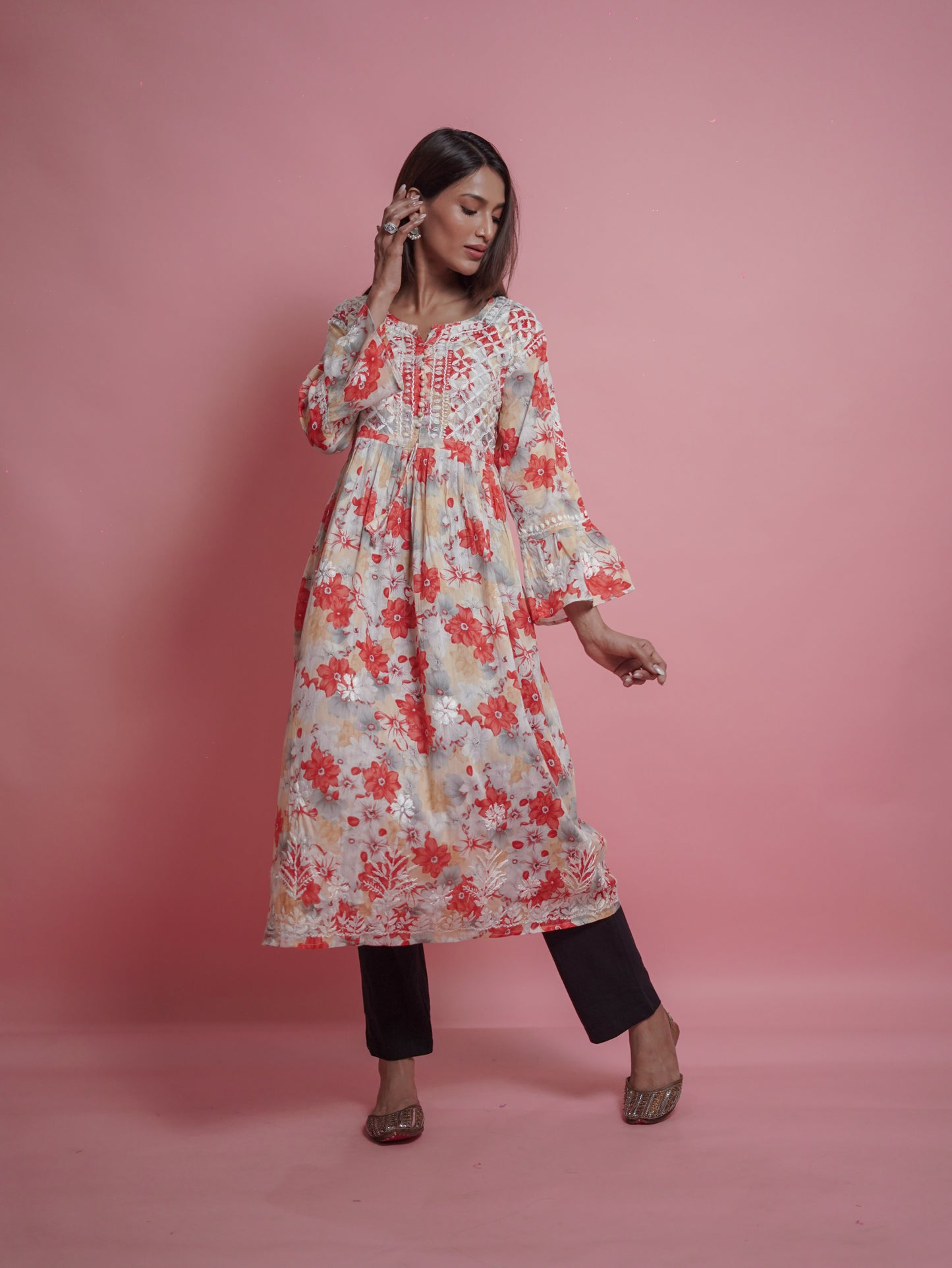 Floral Print Kurti - Soft Orange