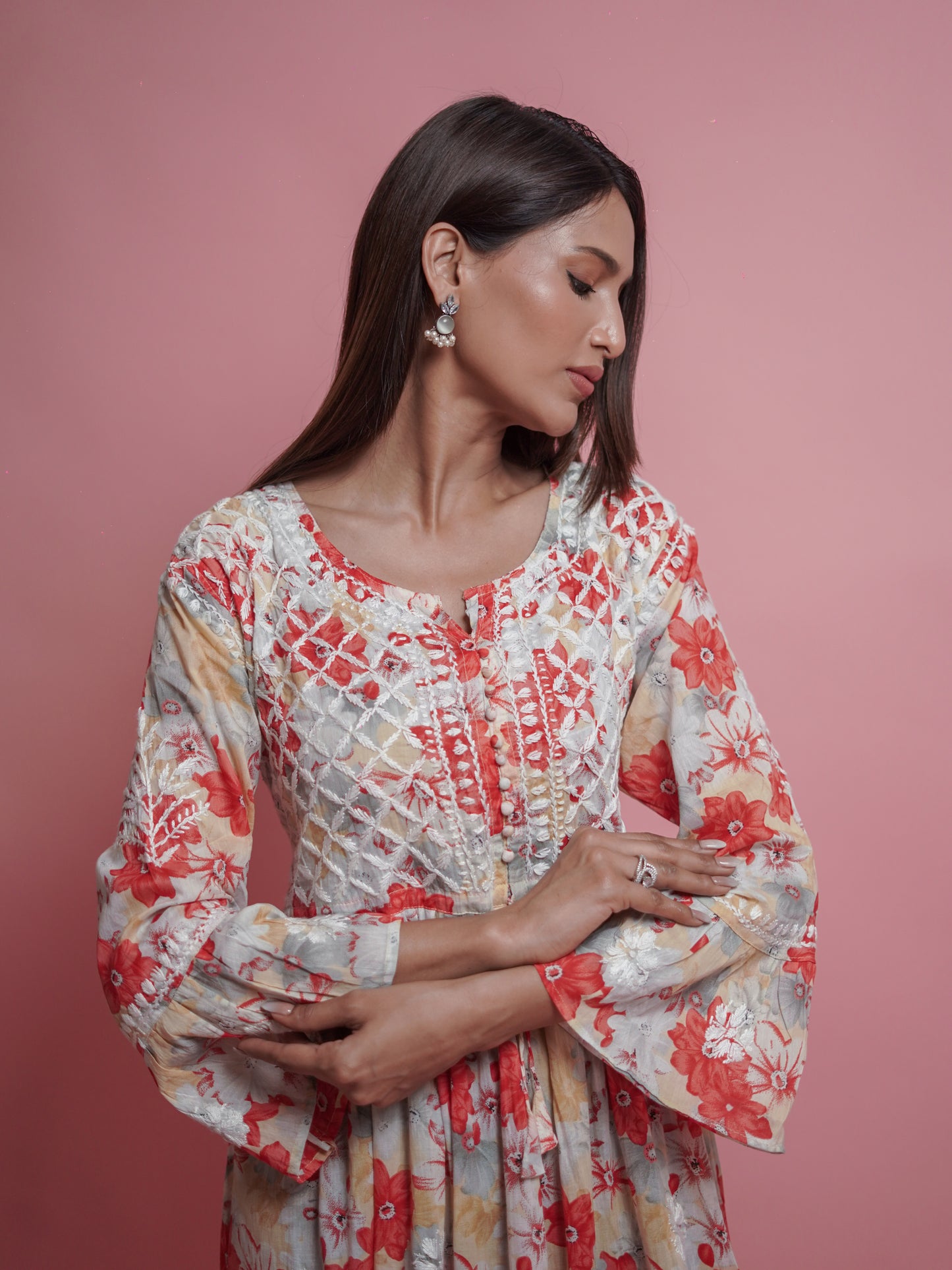 Floral Print Kurti - Soft Orange