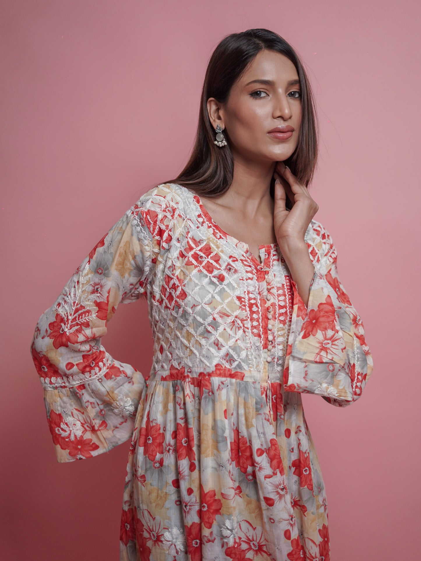 Floral Print Kurti - Soft Orange