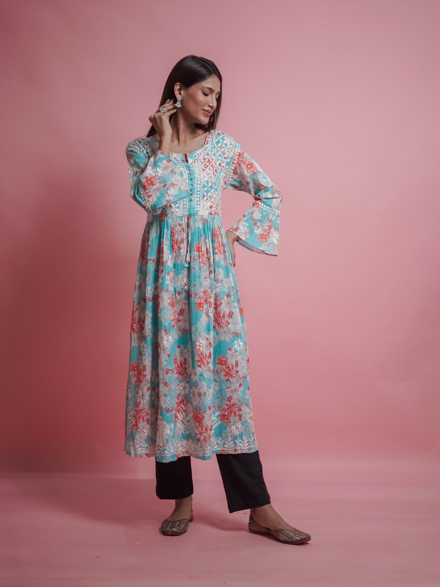 Floral Print Kurti - Soft Blue