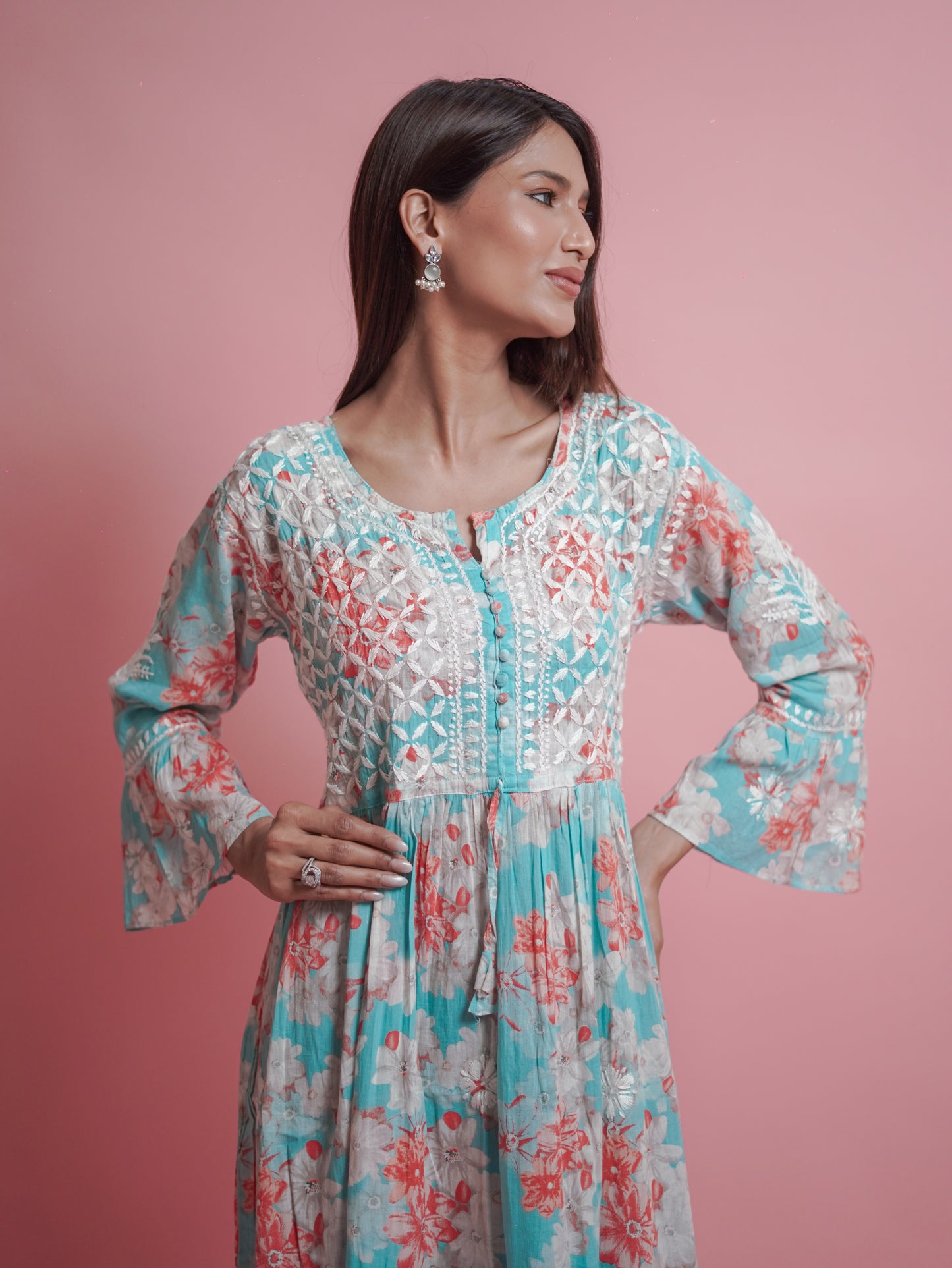 Floral Print Kurti - Soft Blue