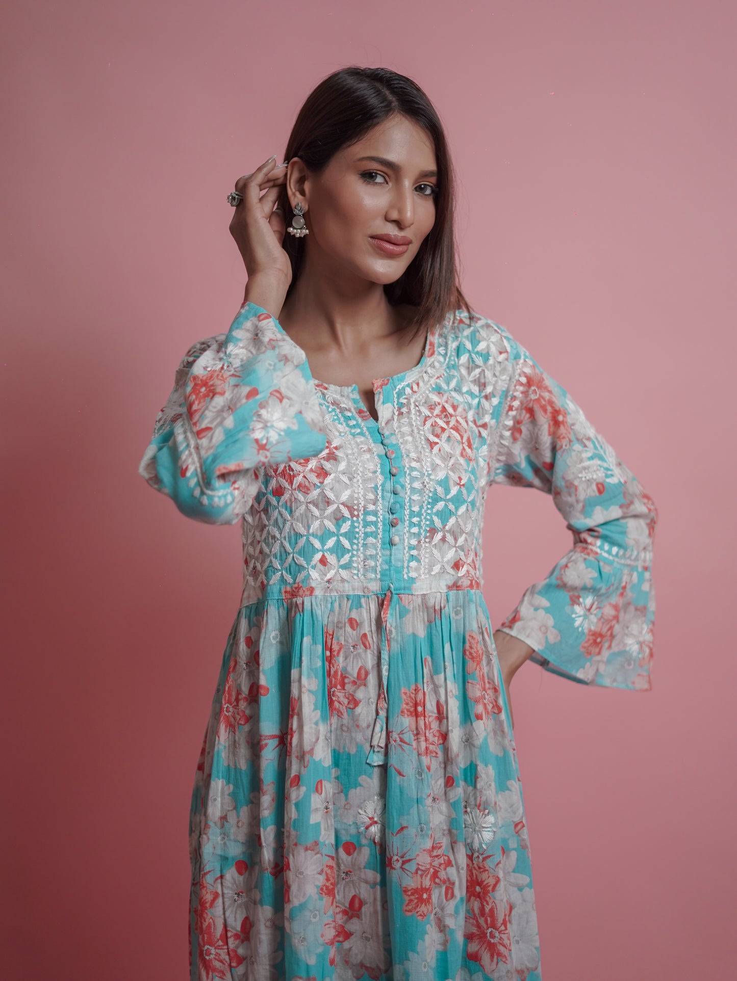 Floral Print Kurti - Soft Blue