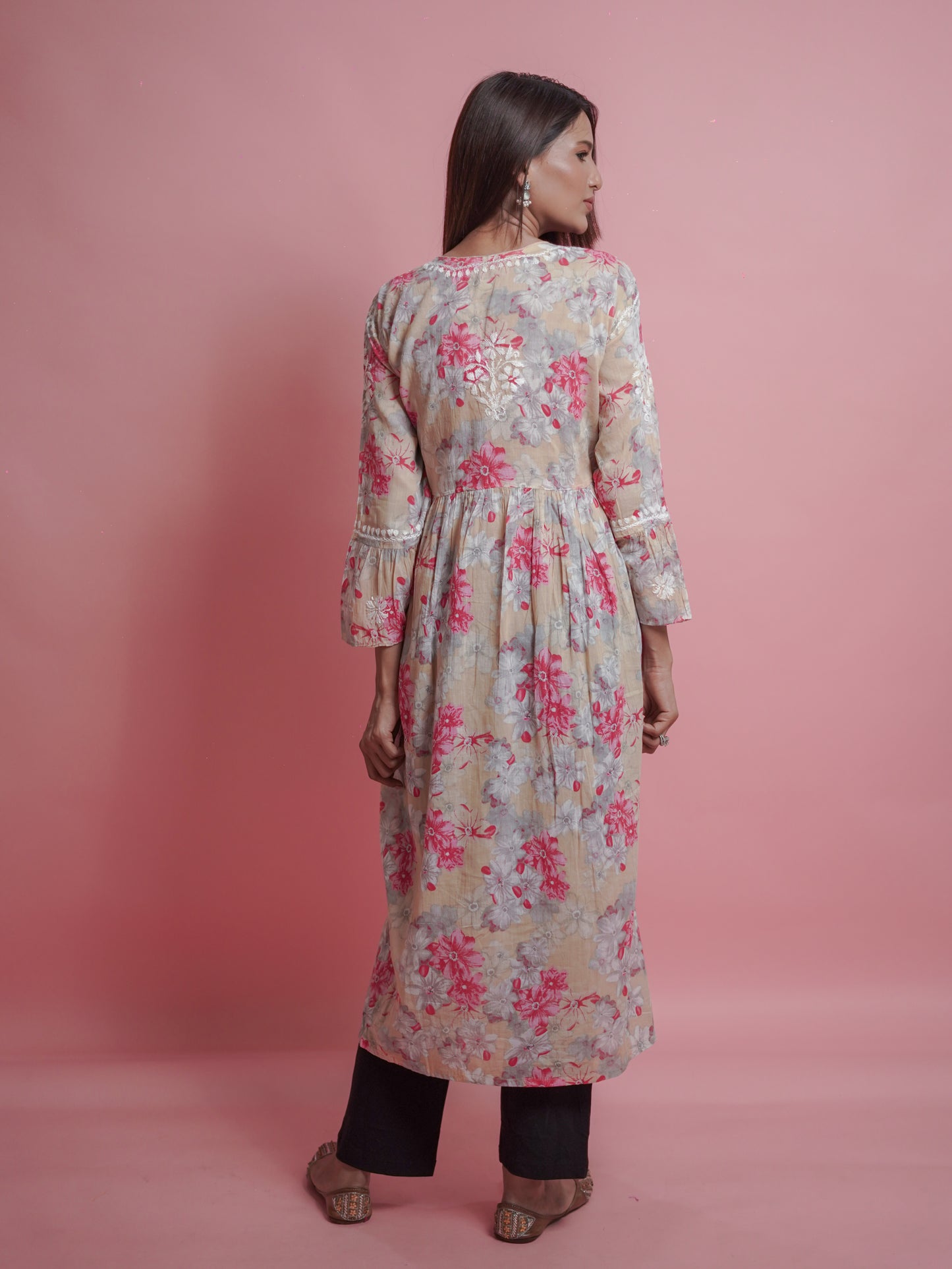Floral Print Kurti - Soft Beige