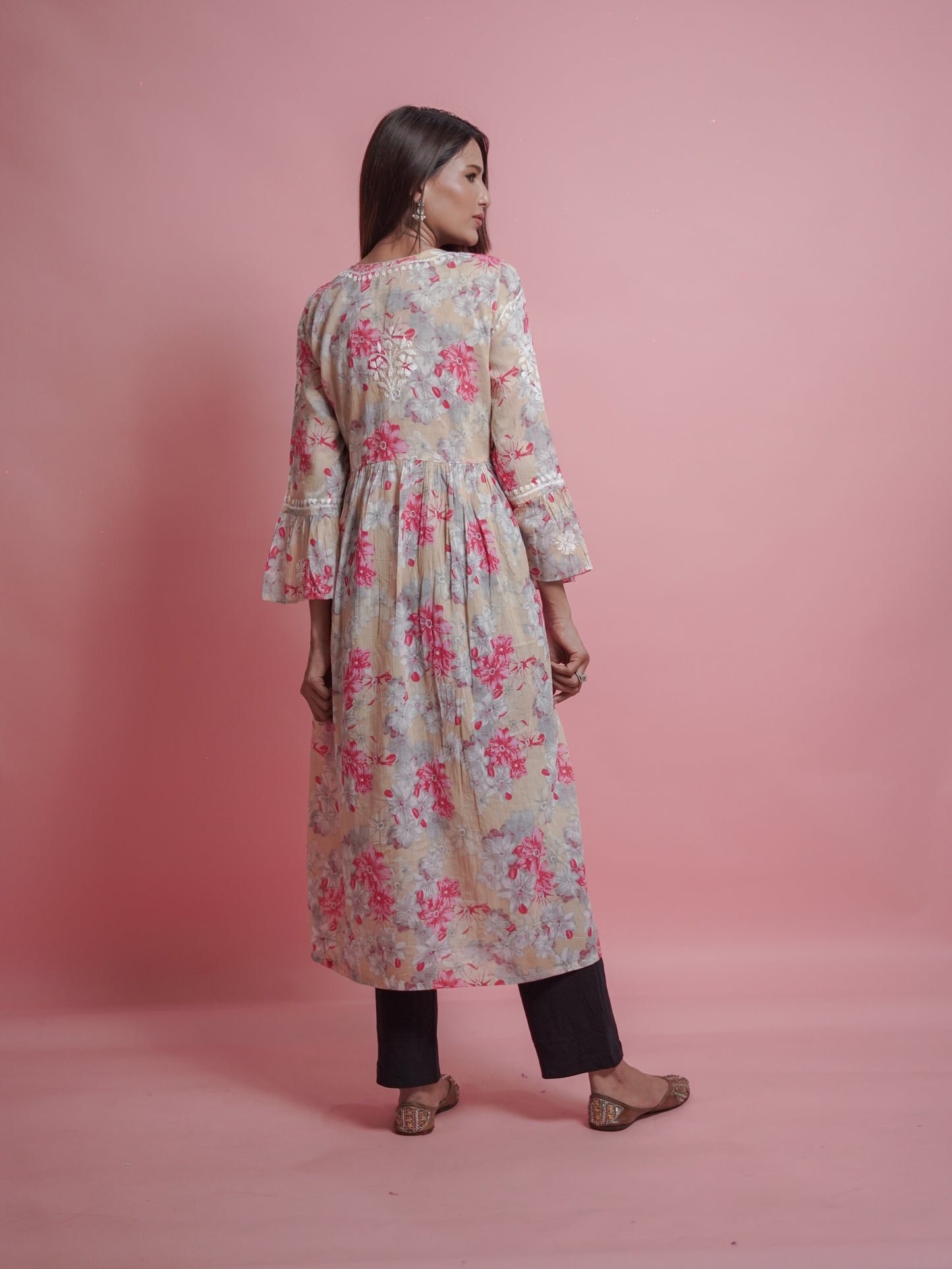 Floral Print Kurti - Soft Beige