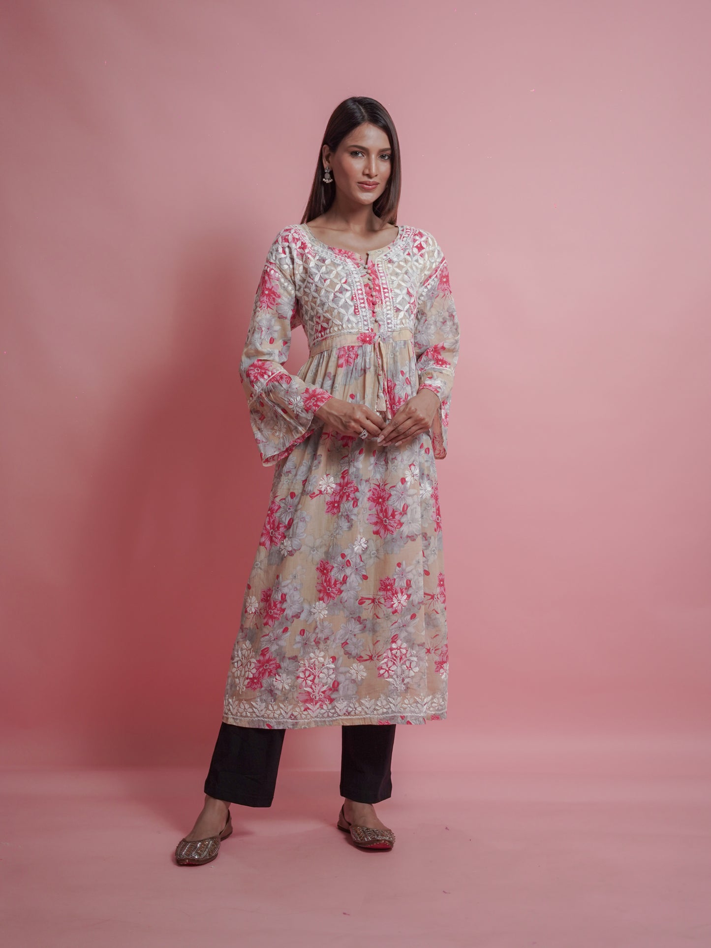Floral Print Kurti - Soft Beige