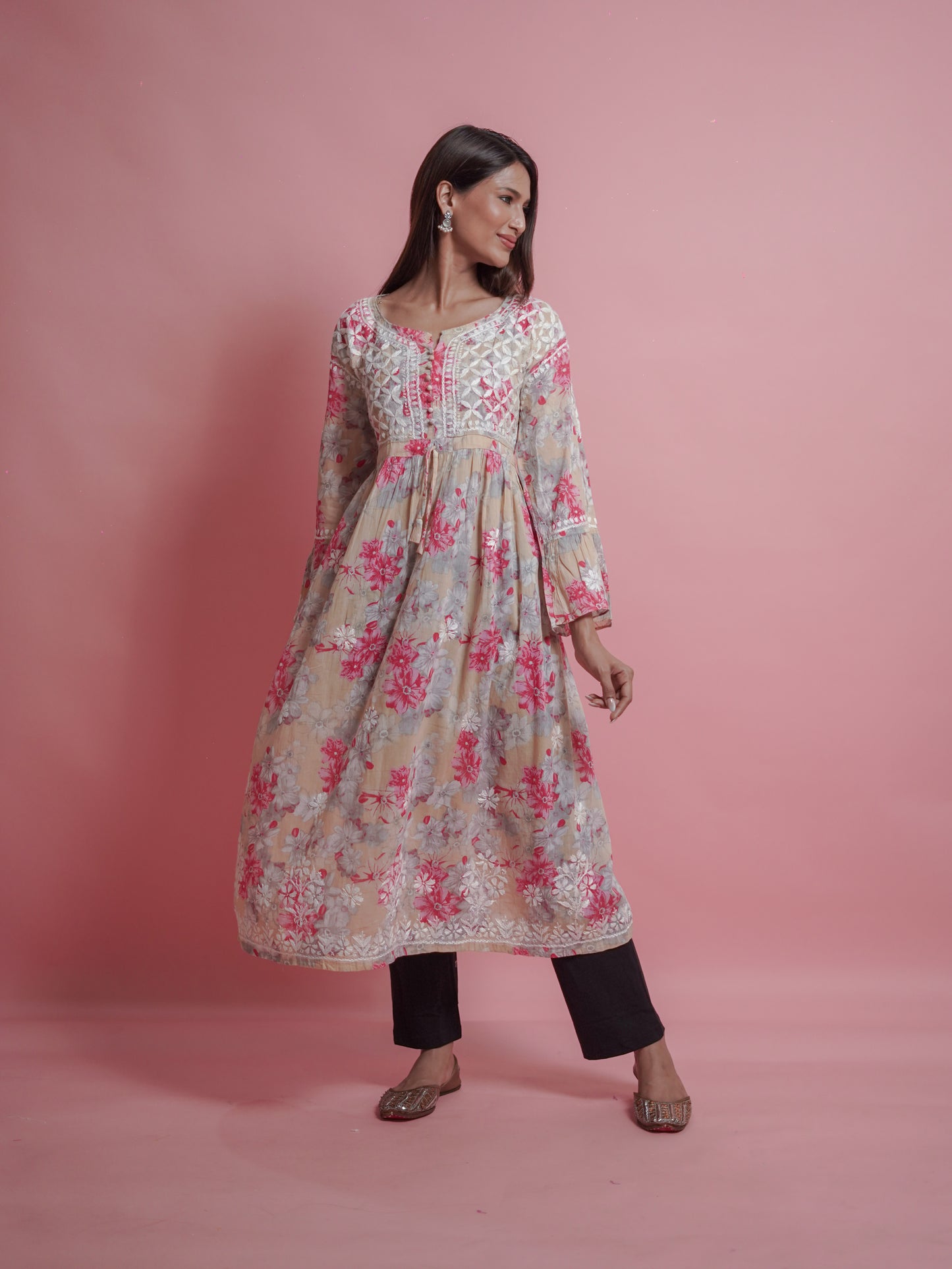 Floral Print Kurti - Soft Beige