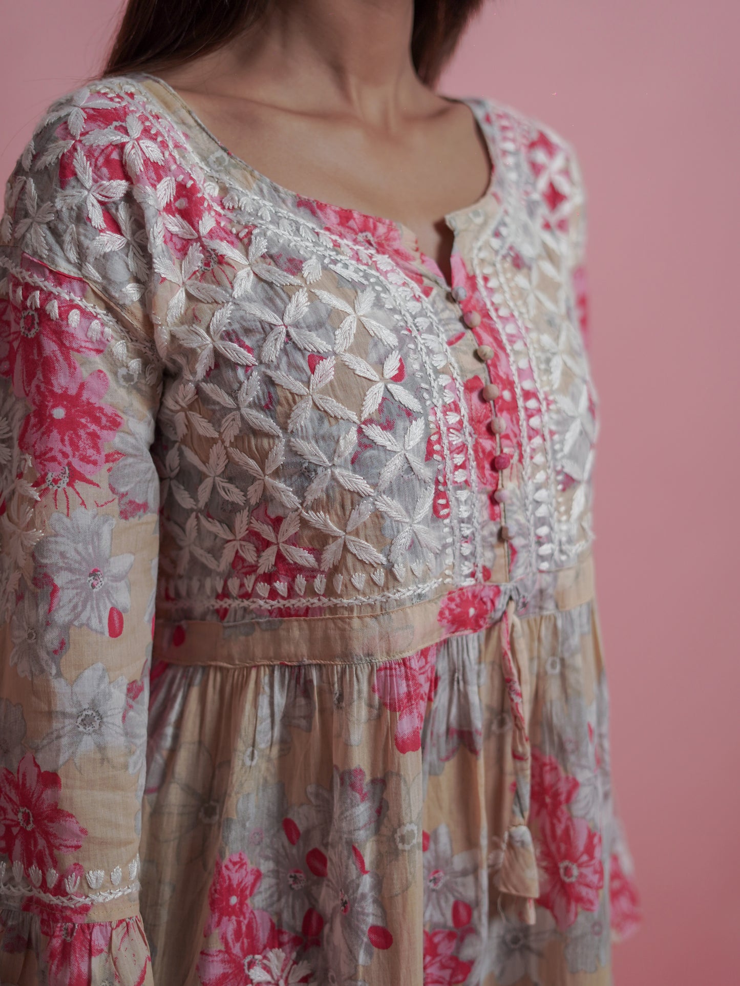 Floral Print Kurti - Soft Beige