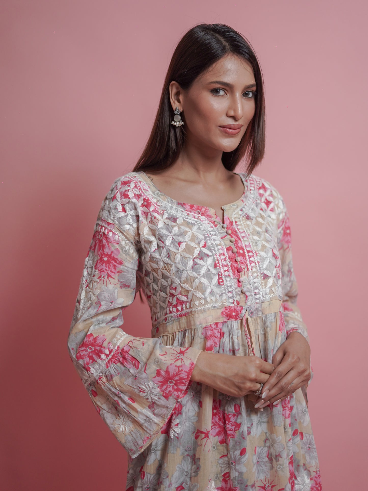 Floral Print Kurti - Soft Beige