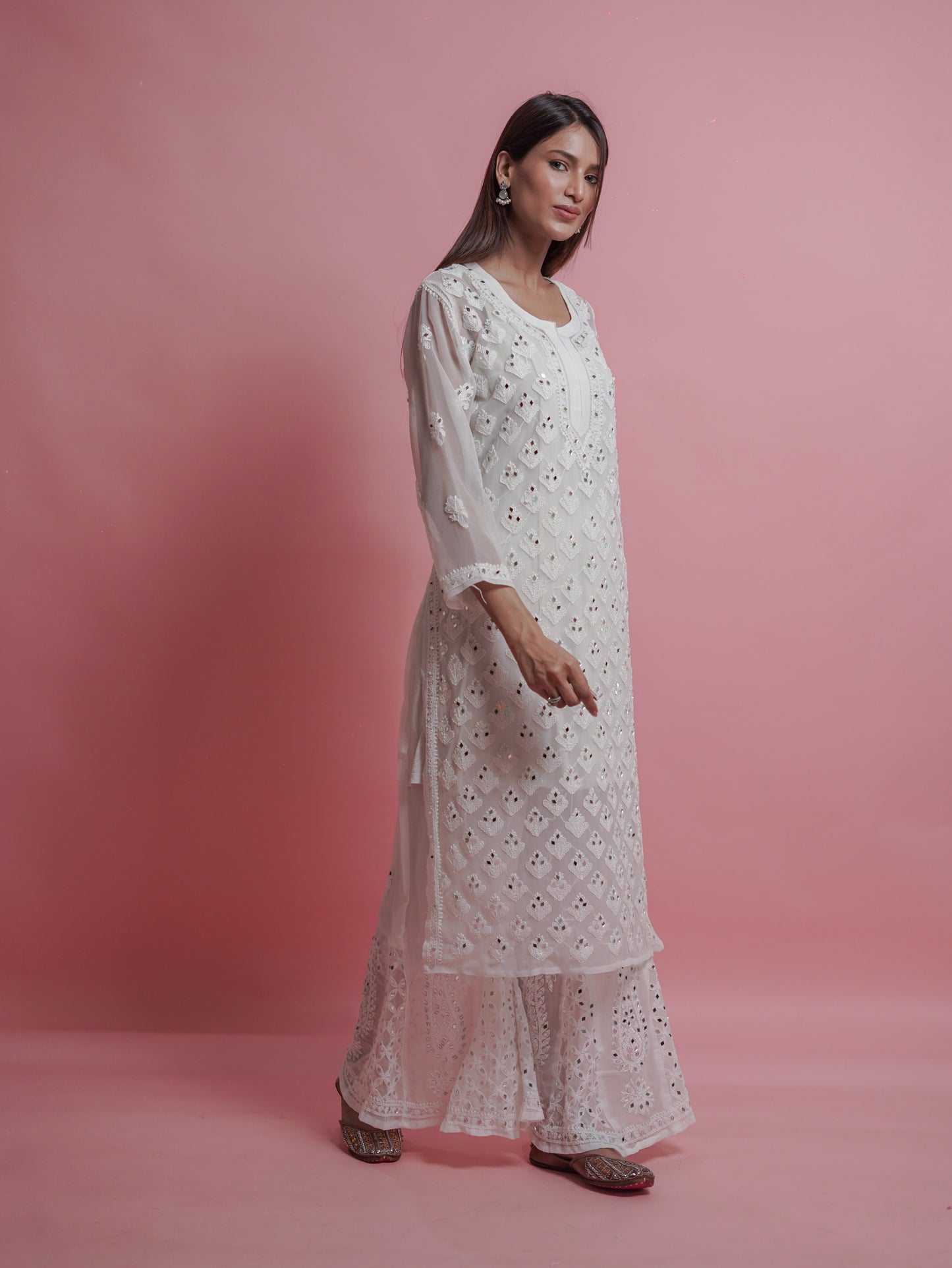 Kurta Set with Palazzo Pants and Dupatta - White