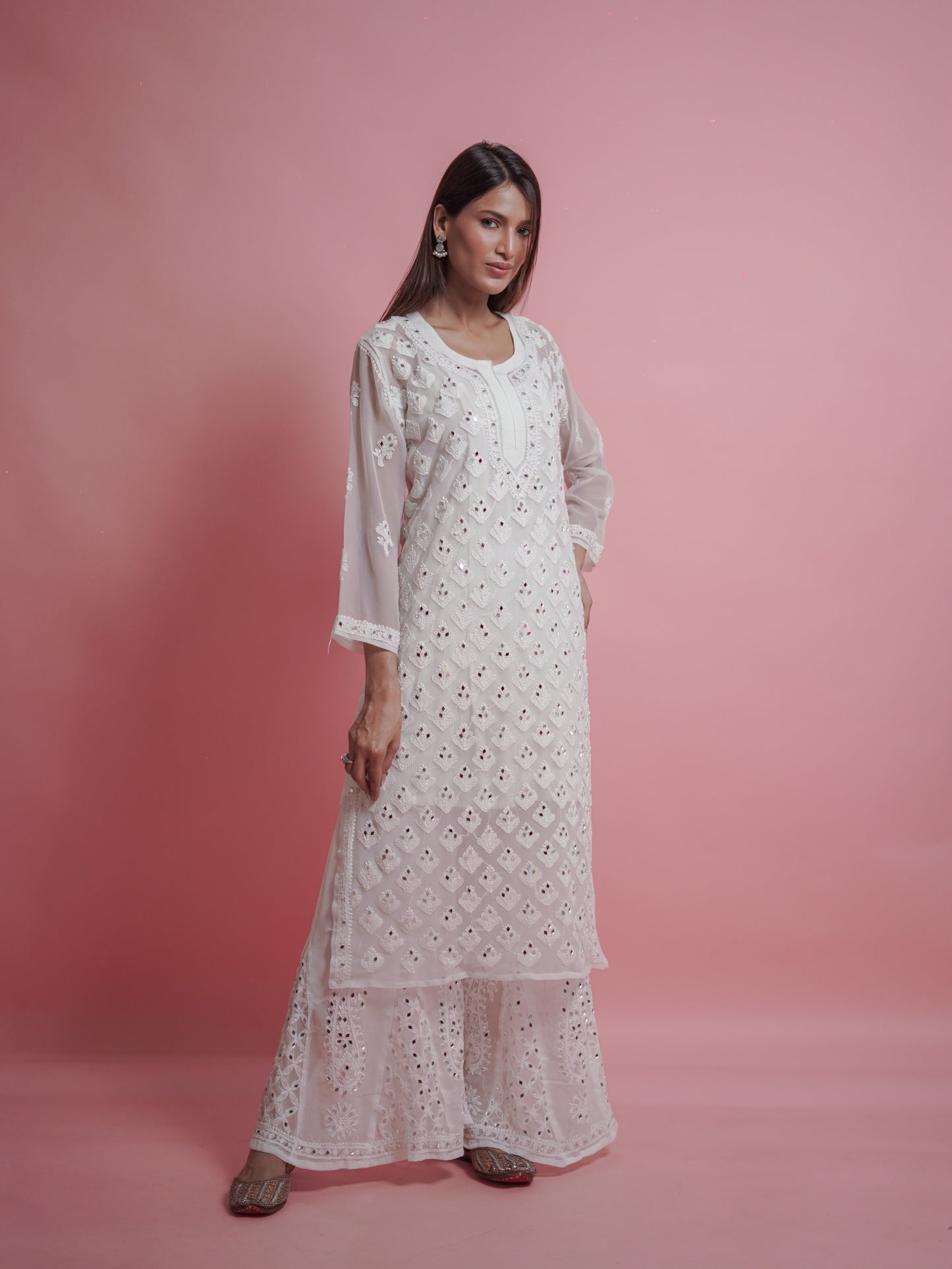 Kurta Set with Palazzo Pants and Dupatta - White