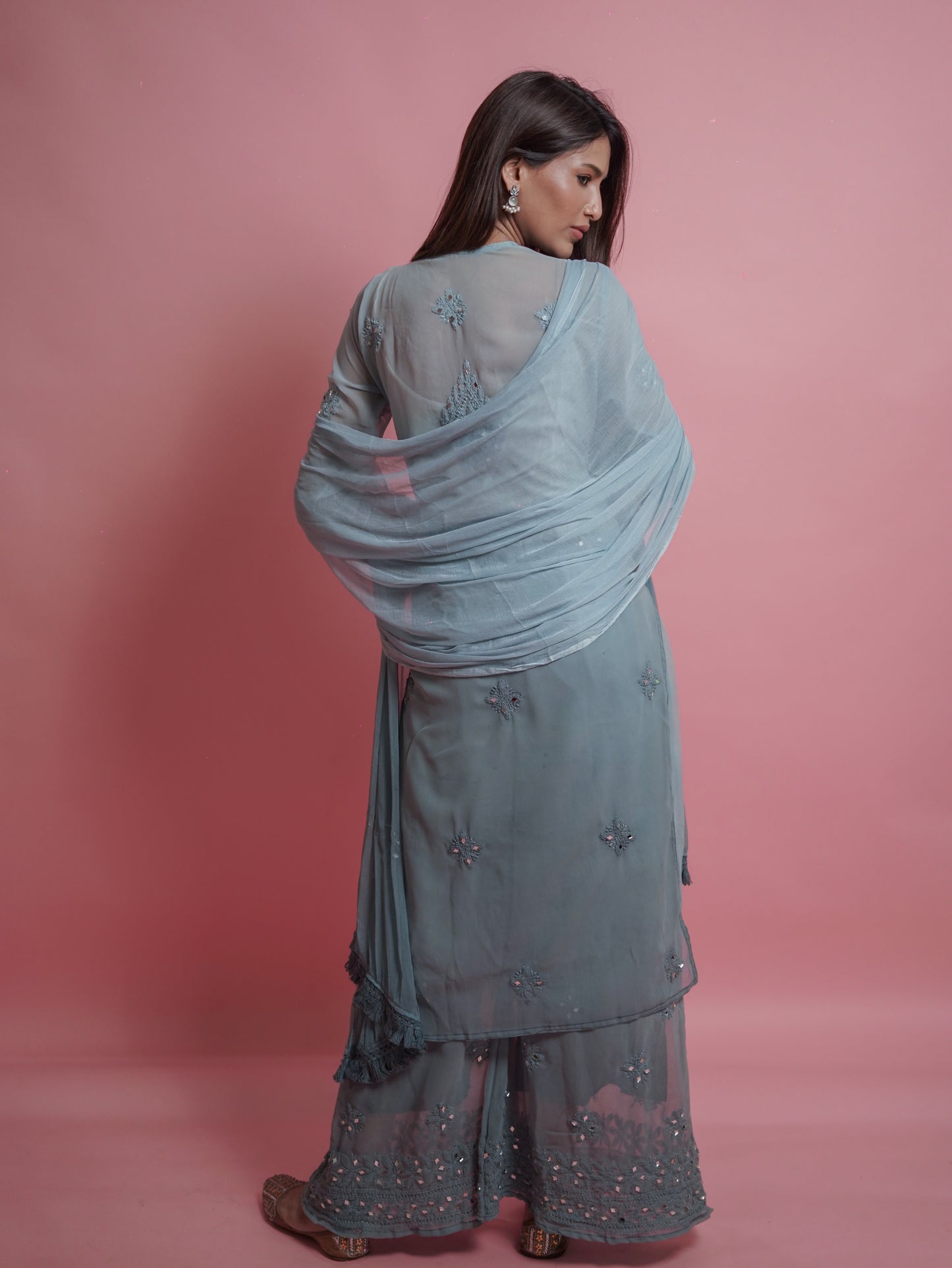 Kurta Set with Palazzo Pants and Dupatta - Grey