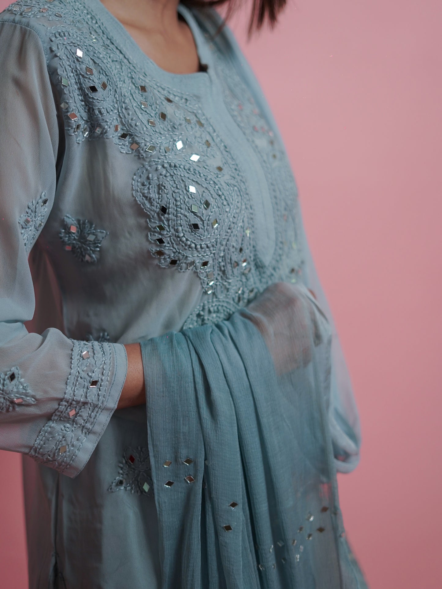 Kurta Set with Palazzo Pants and Dupatta - Grey