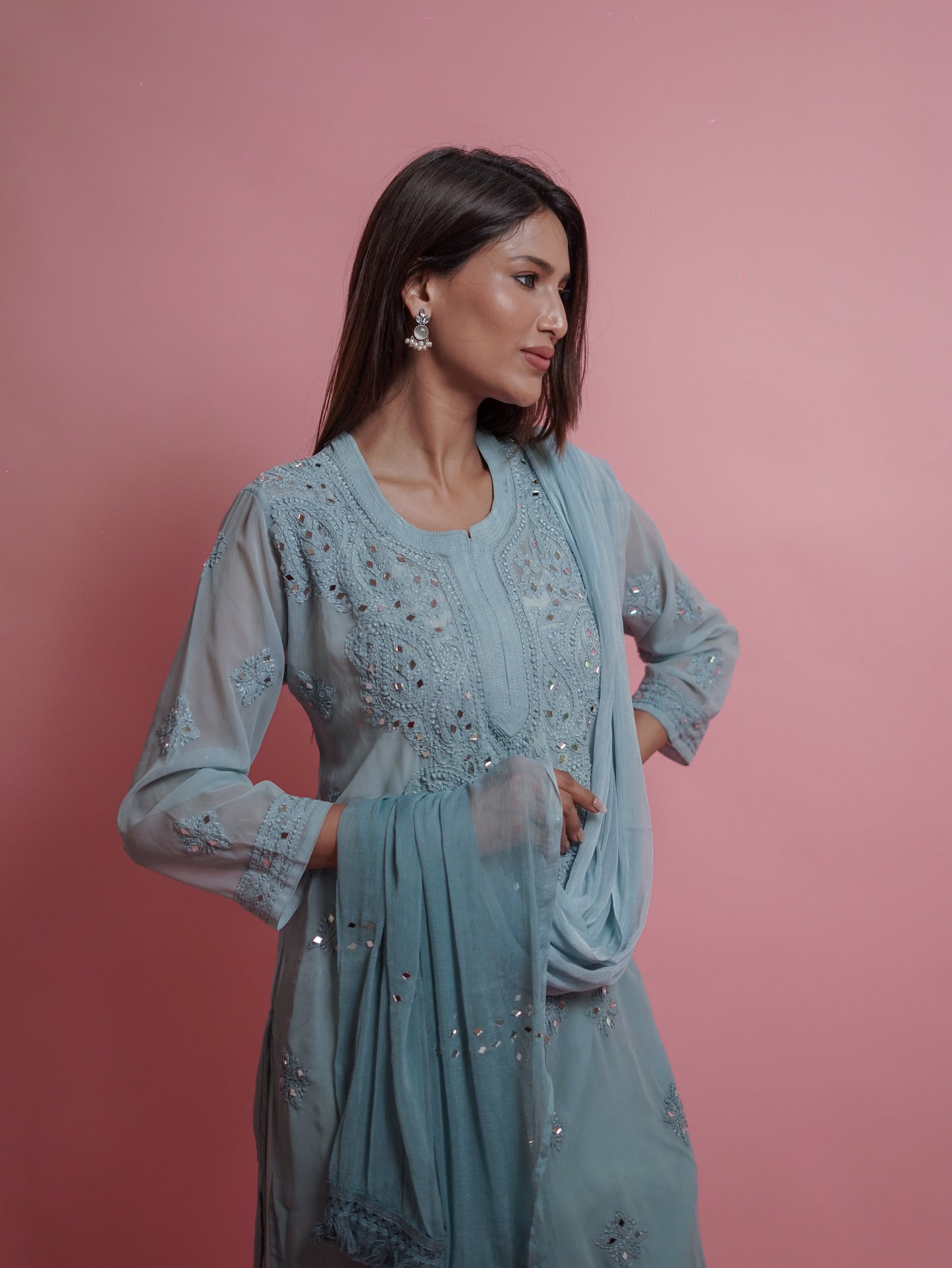 Kurta Set with Palazzo Pants and Dupatta - Grey
