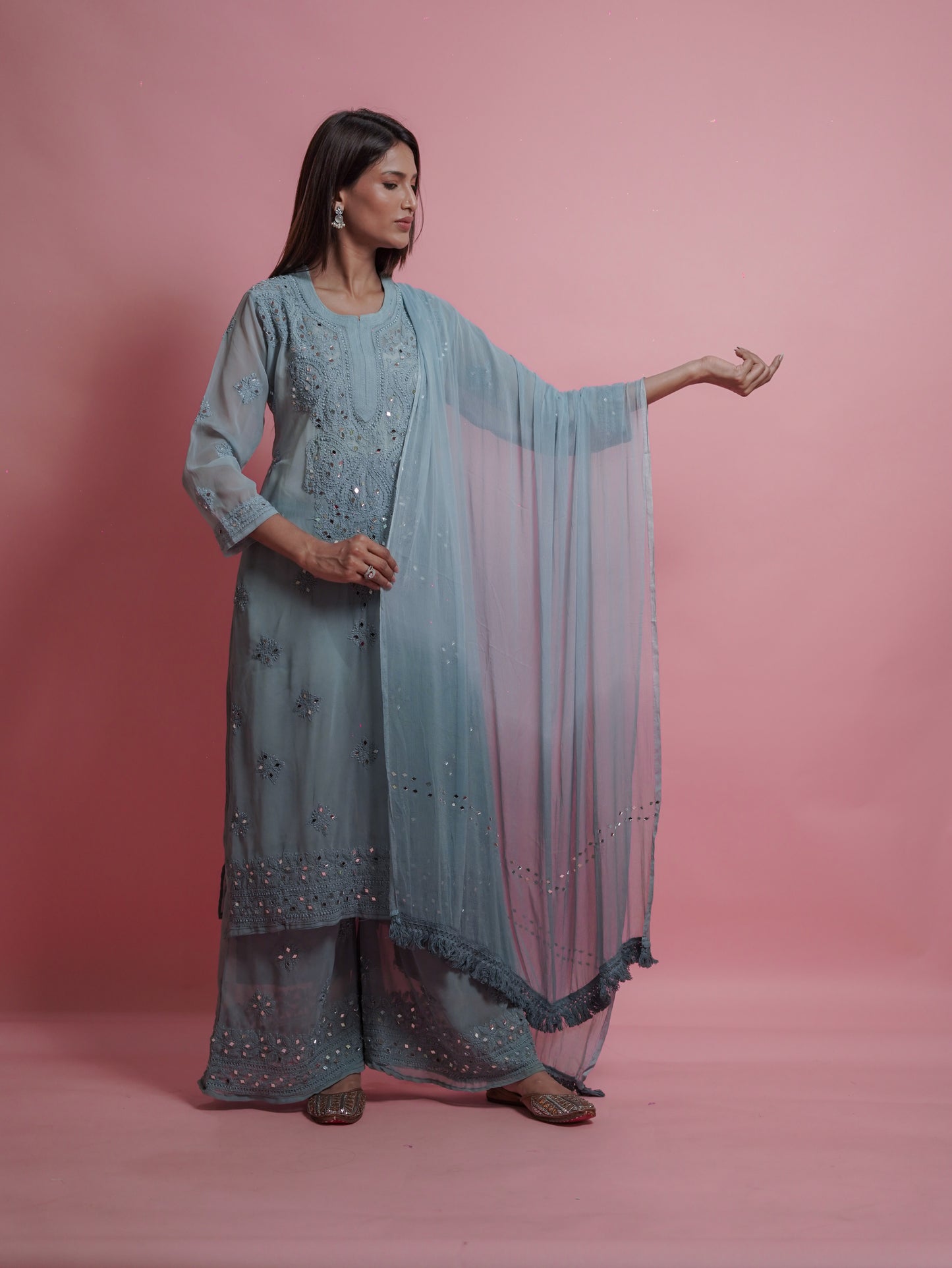 Kurta Set with Palazzo Pants and Dupatta - Grey