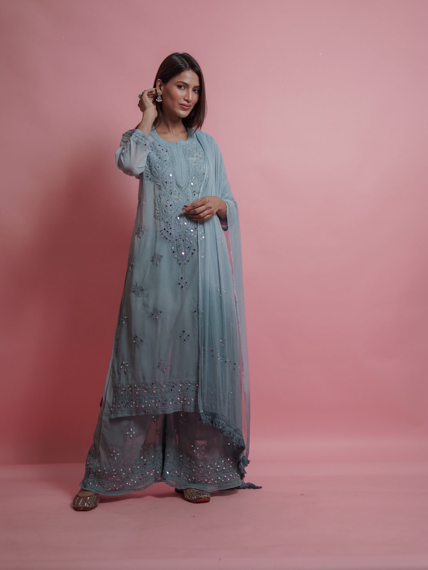 Kurta Set with Palazzo Pants and Dupatta - Grey