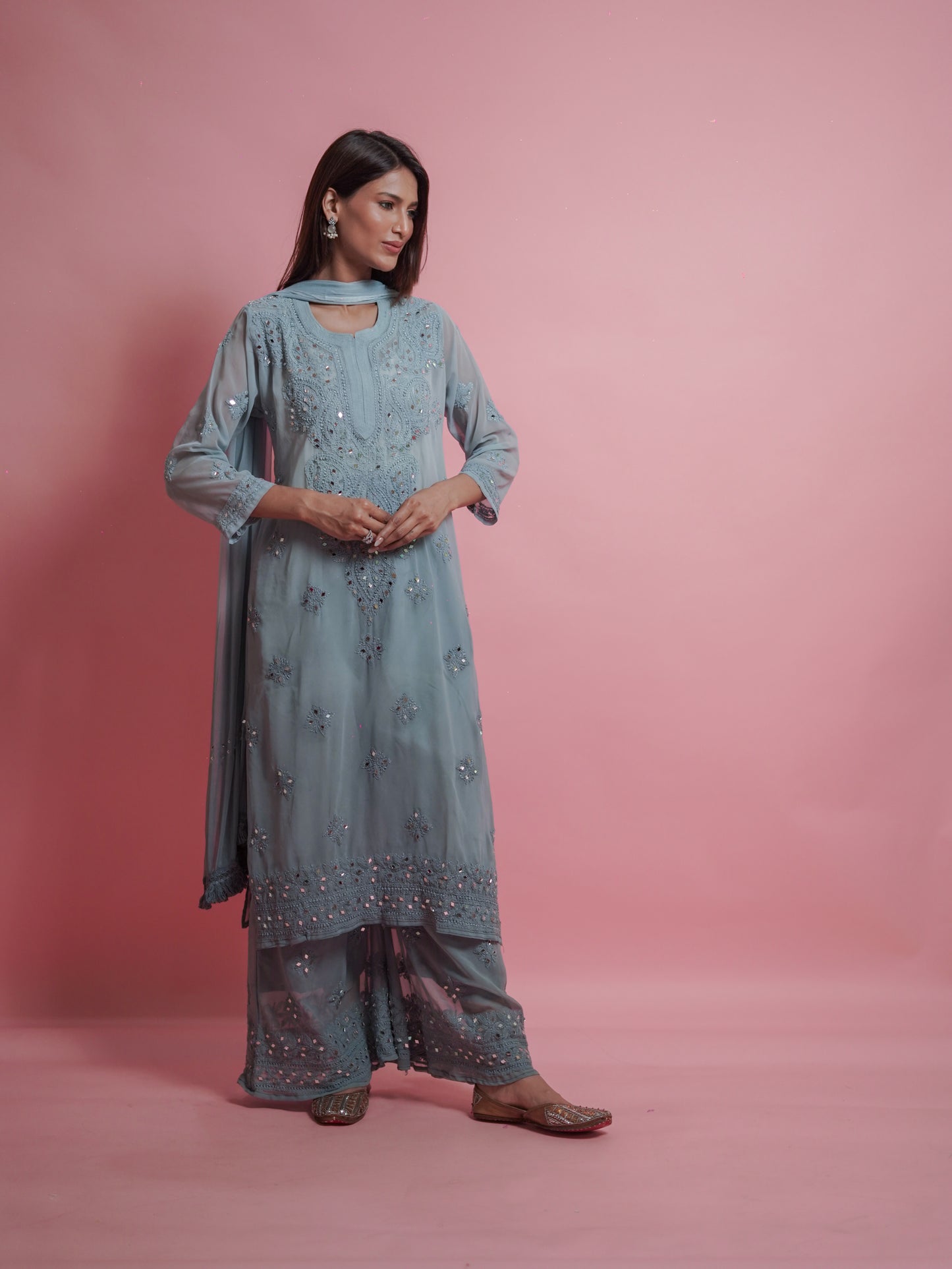 Kurta Set with Palazzo Pants and Dupatta - Grey
