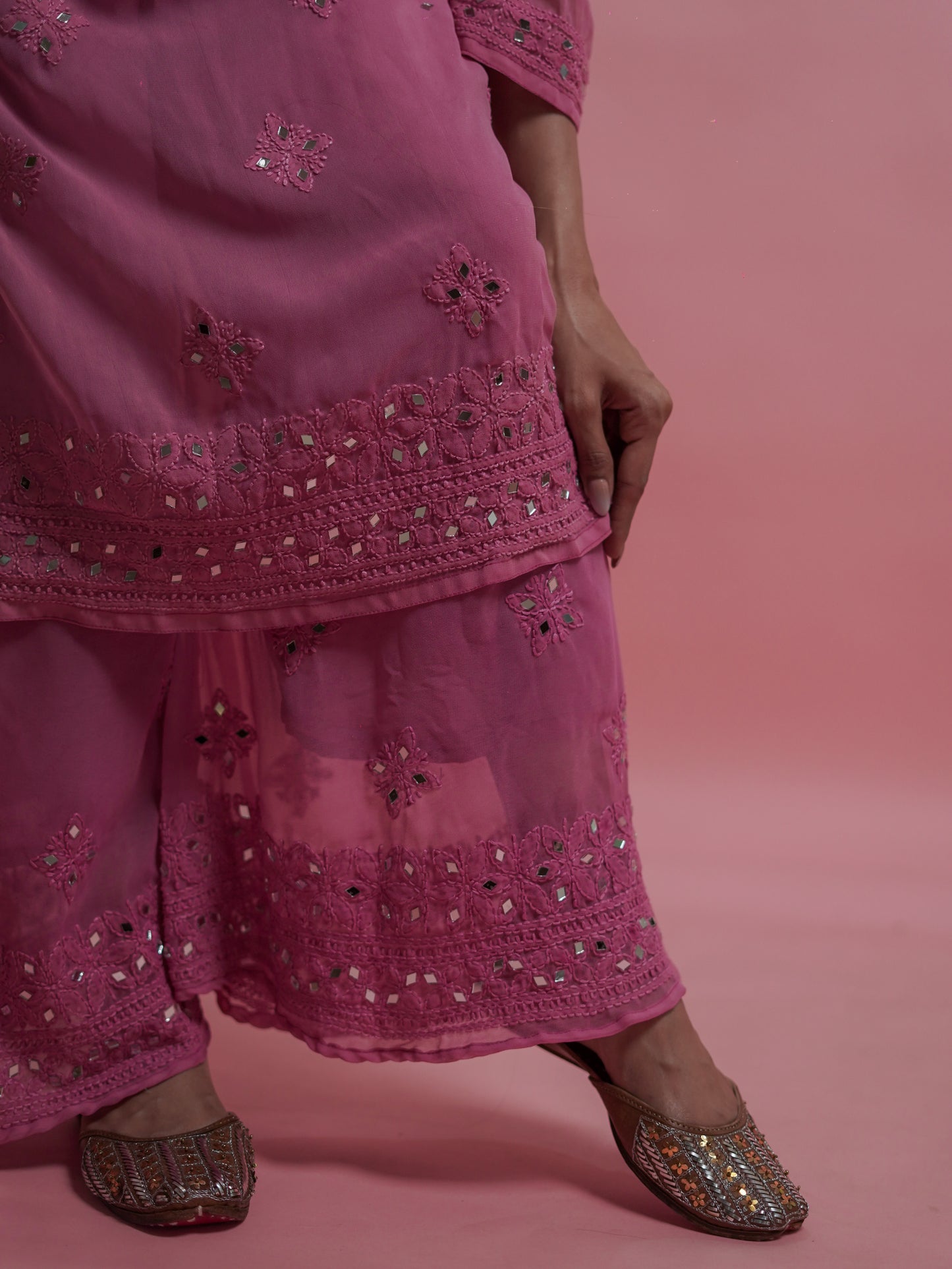 Kurta Set with Palazzo Pants and Dupatta - Pink
