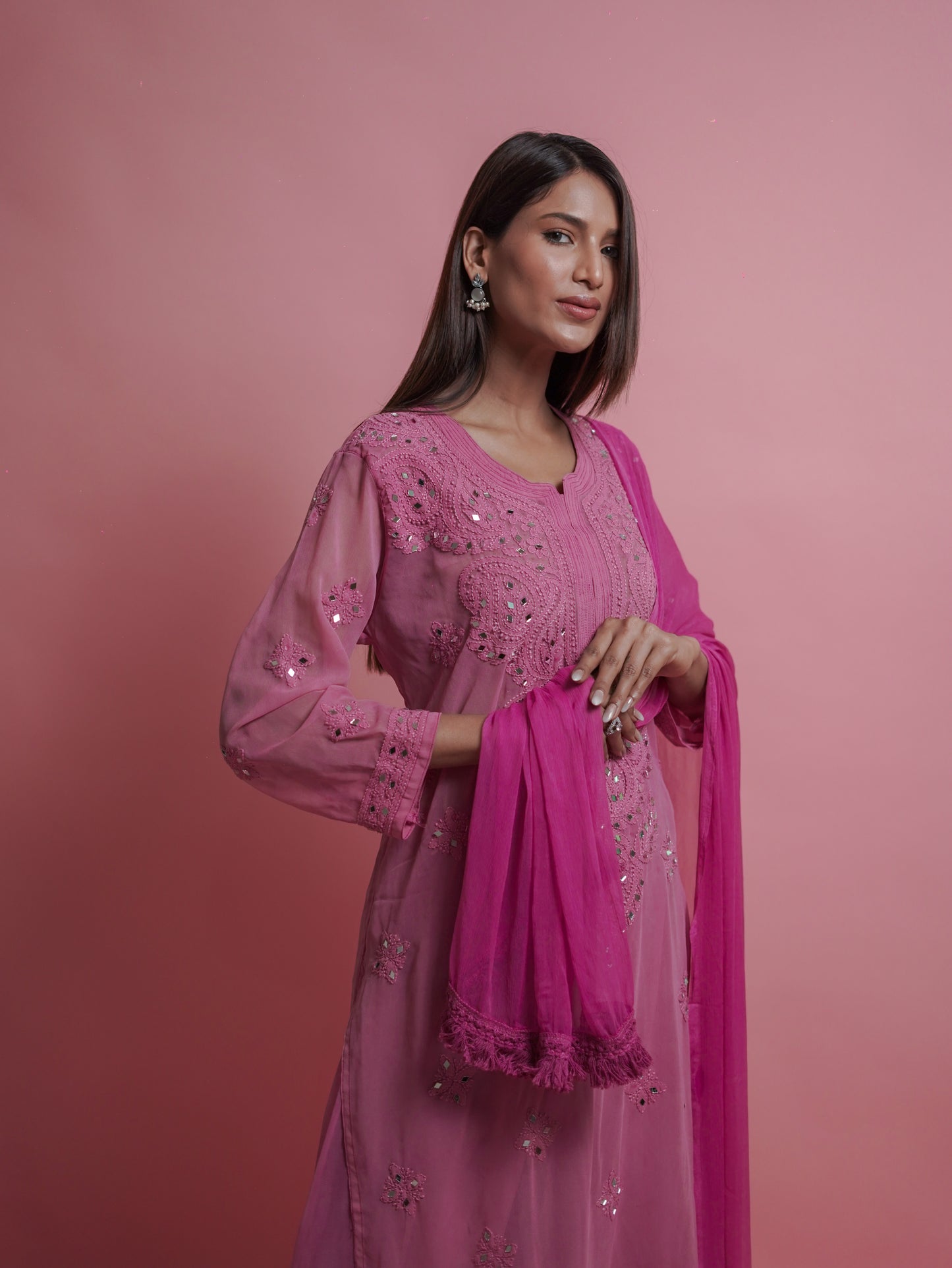 Kurta Set with Palazzo Pants and Dupatta - Pink