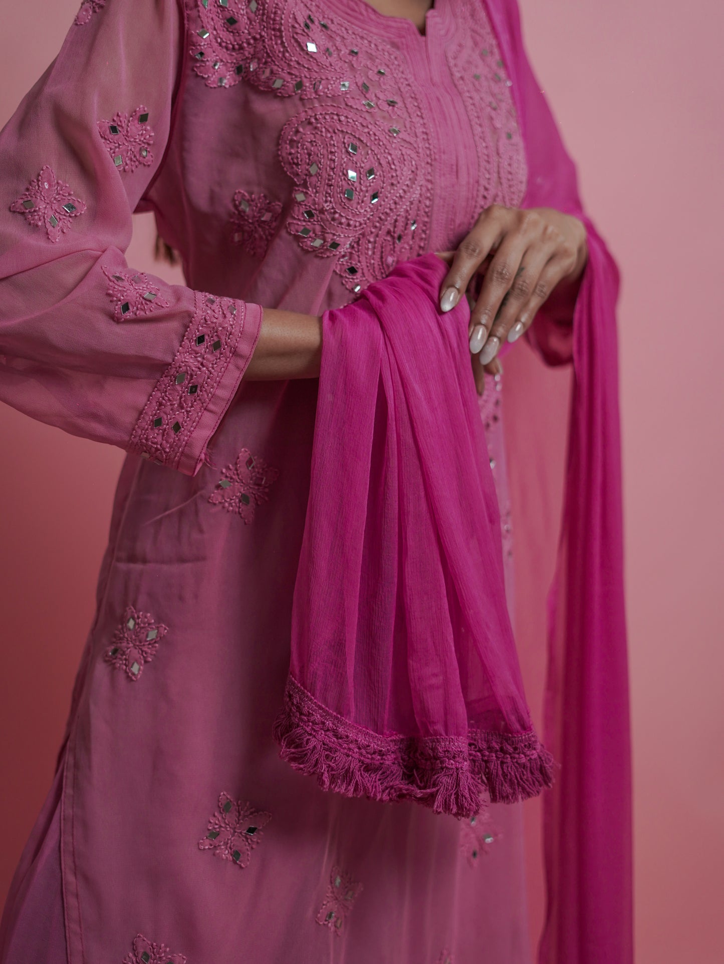 Kurta Set with Palazzo Pants and Dupatta - Pink