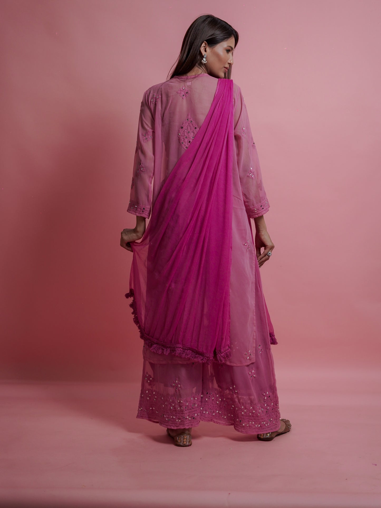 Kurta Set with Palazzo Pants and Dupatta - Pink