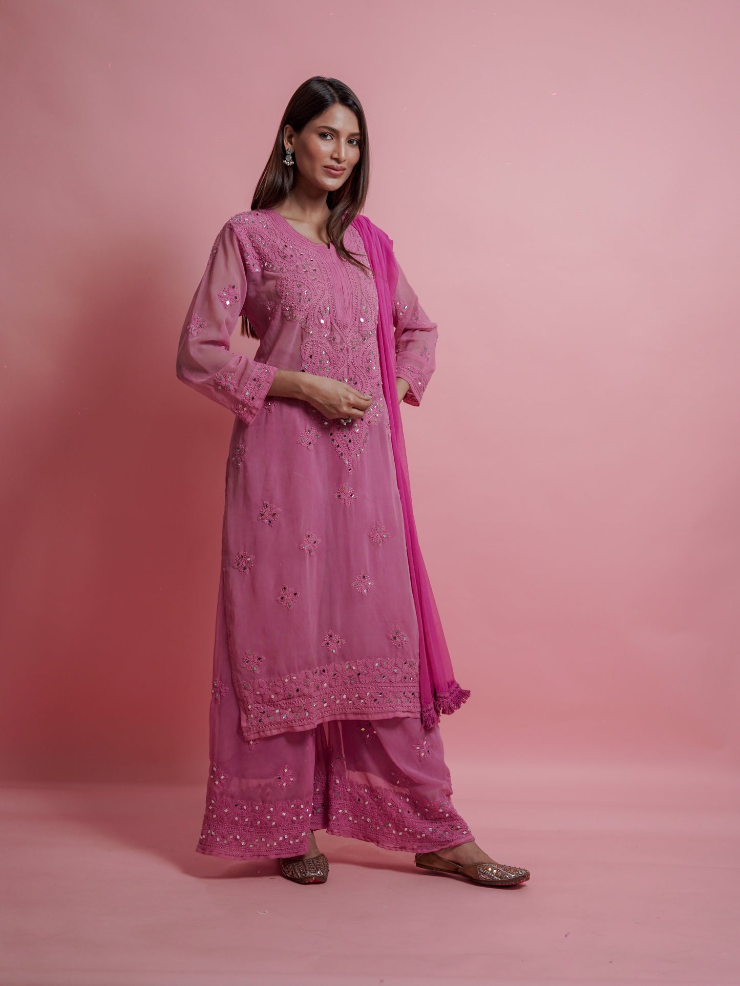 Kurta Set with Palazzo Pants and Dupatta - Pink