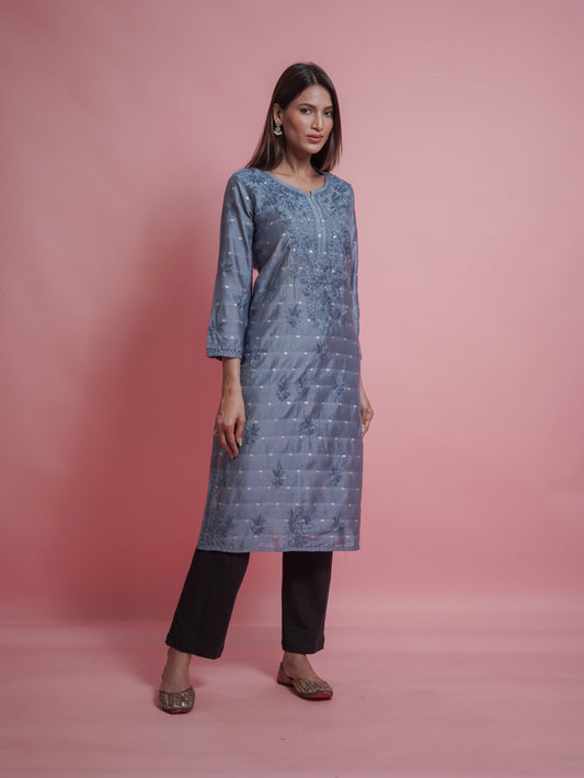 Textured Pattern Kurti - Grey